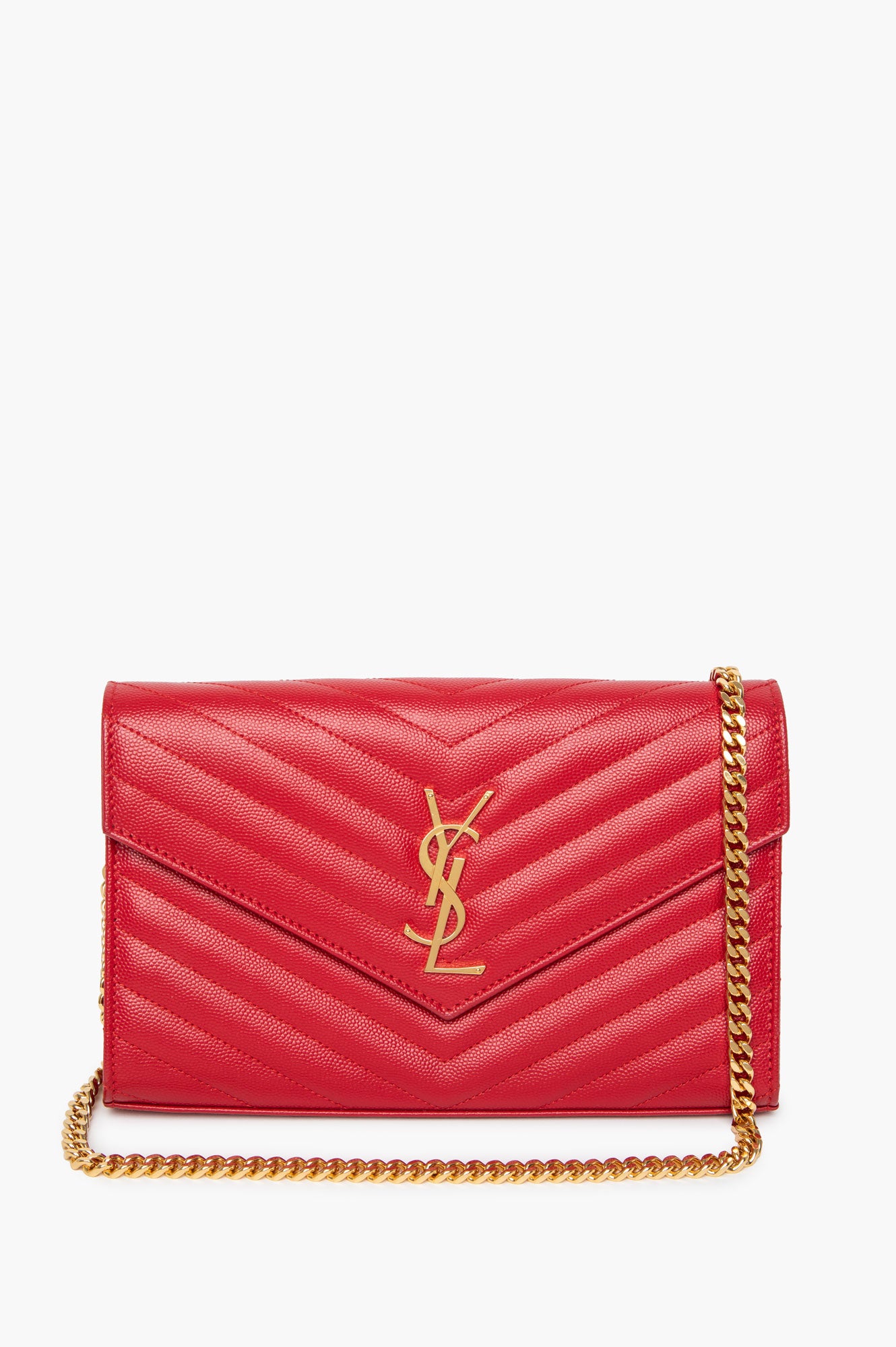 Saint Laurent Red Grain De Poudre Matelasse Chevron Monogram Chain Wallet