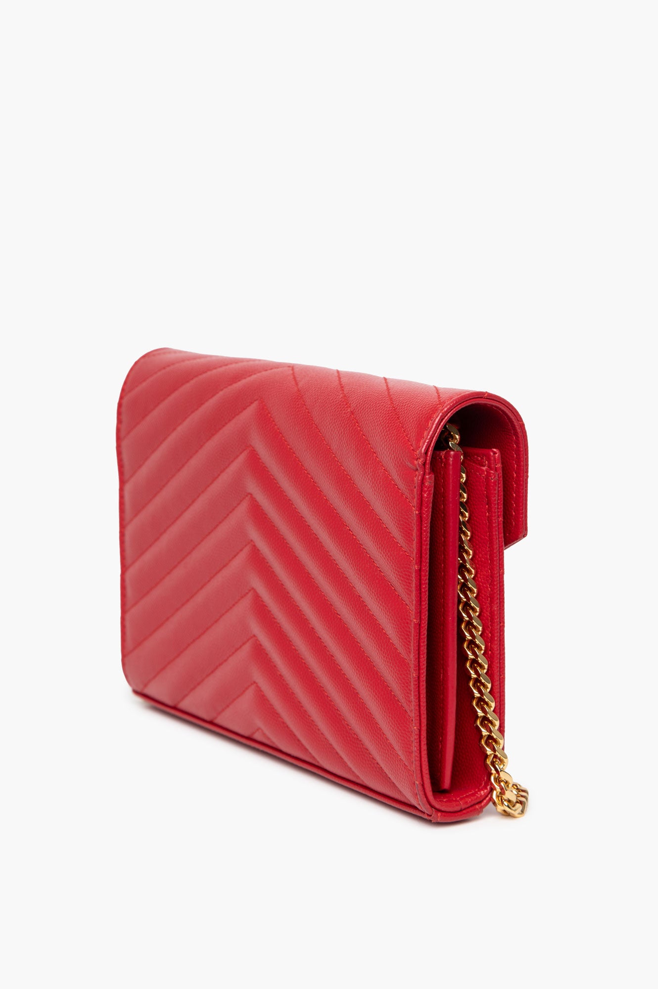 Saint Laurent Red Grain De Poudre Matelasse Chevron Monogram Chain Wallet