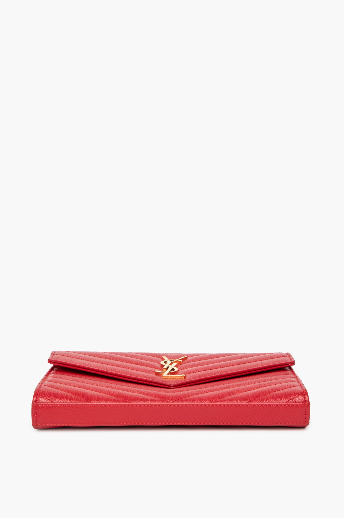 Saint Laurent Red Grain De Poudre Matelasse Chevron Monogram Chain Wallet
