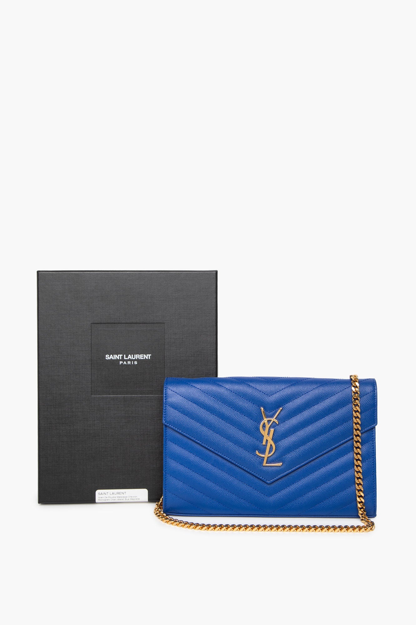 Saint Laurent Blue Grain De Poudre Matelasse Chevron Mongoram Chain Wallet