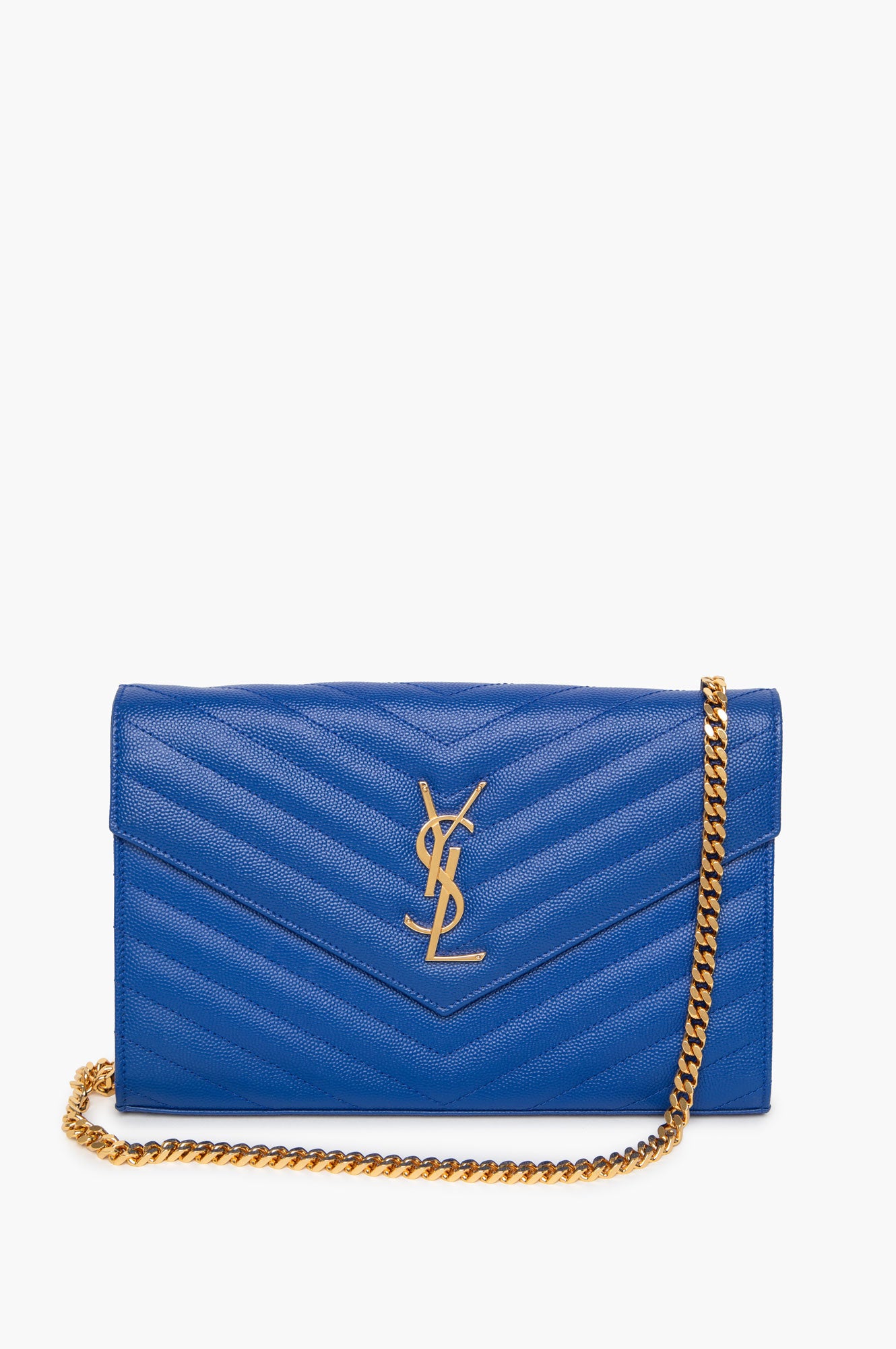 Saint Laurent Blue Grain De Poudre Matelasse Chevron Mongoram Chain Wallet