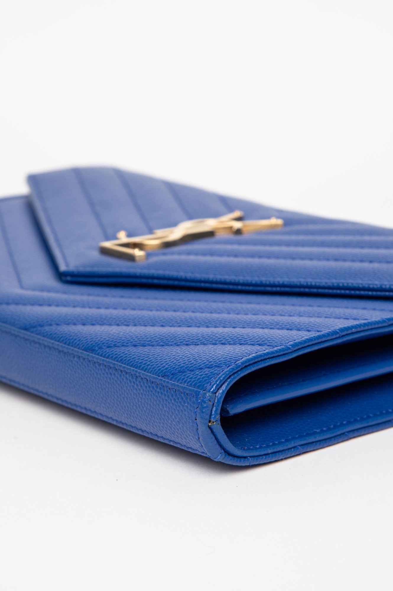 Saint Laurent Blue Grain De Poudre Matelasse Chevron Mongoram Chain Wallet