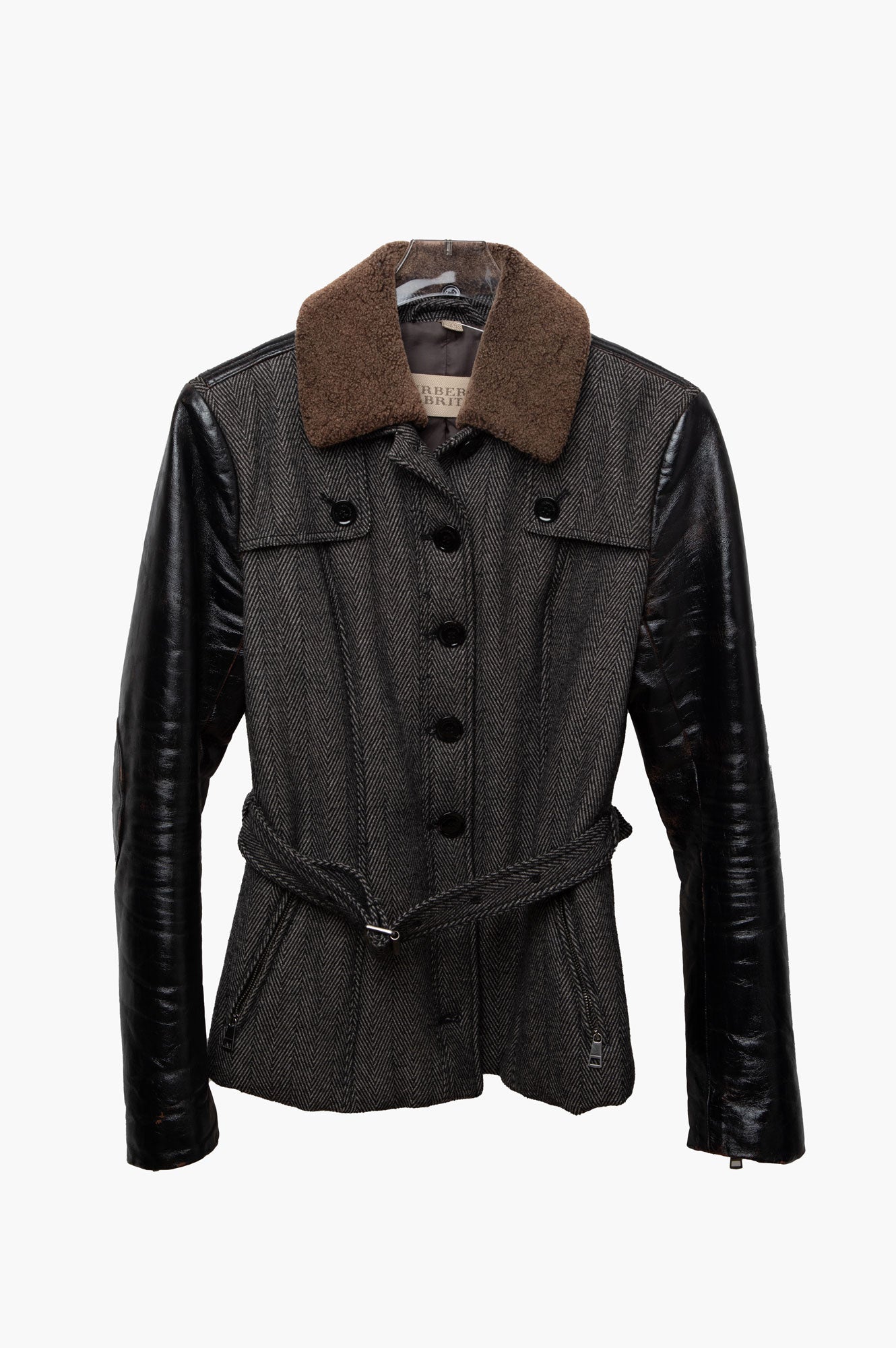Burberry Black Wool Blend With Leather Sleeves Coat Size US 6