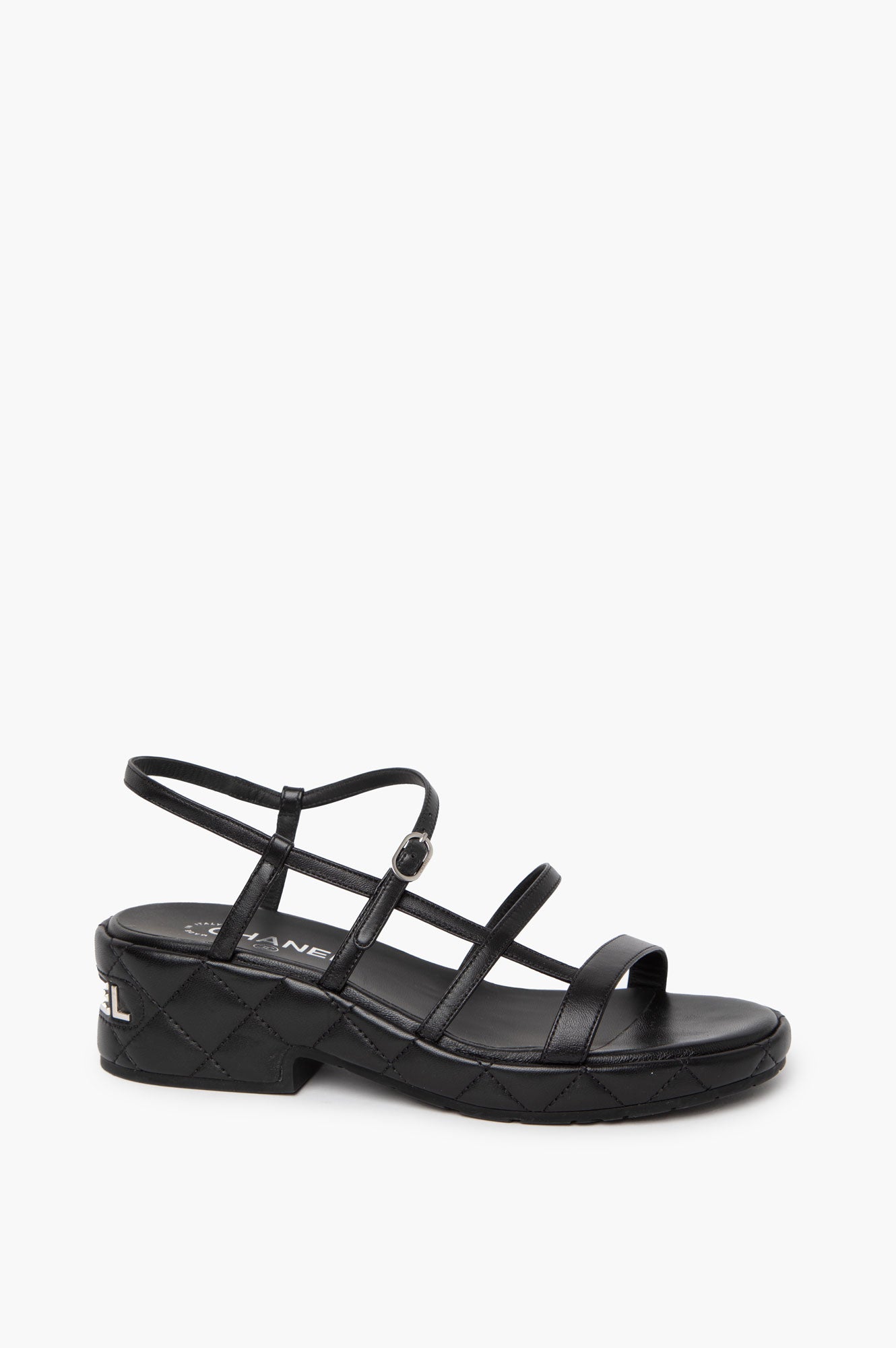 Chanel Black Leather Logo Wedge Sandals Size 39