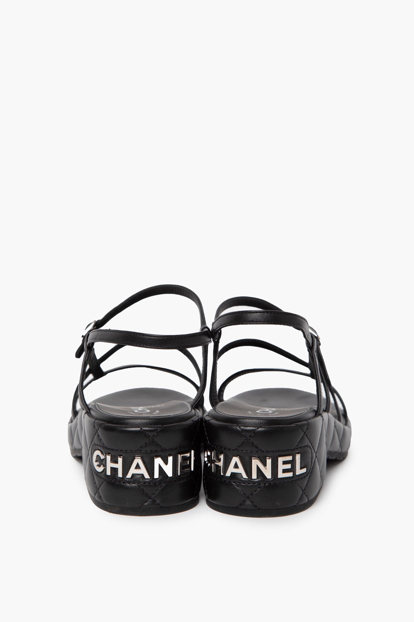 Chanel Black Leather Logo Wedge Sandals Size 39