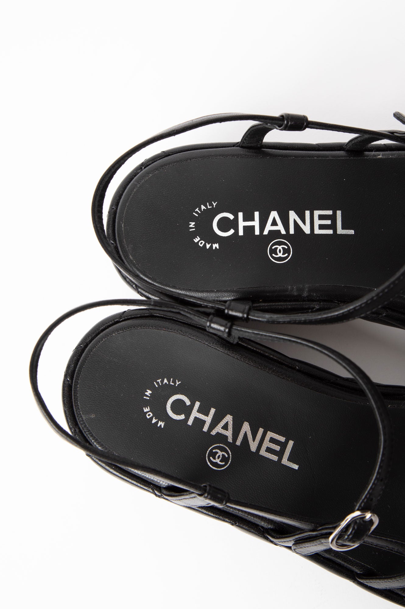Chanel Black Leather Logo Wedge Sandals Size 39