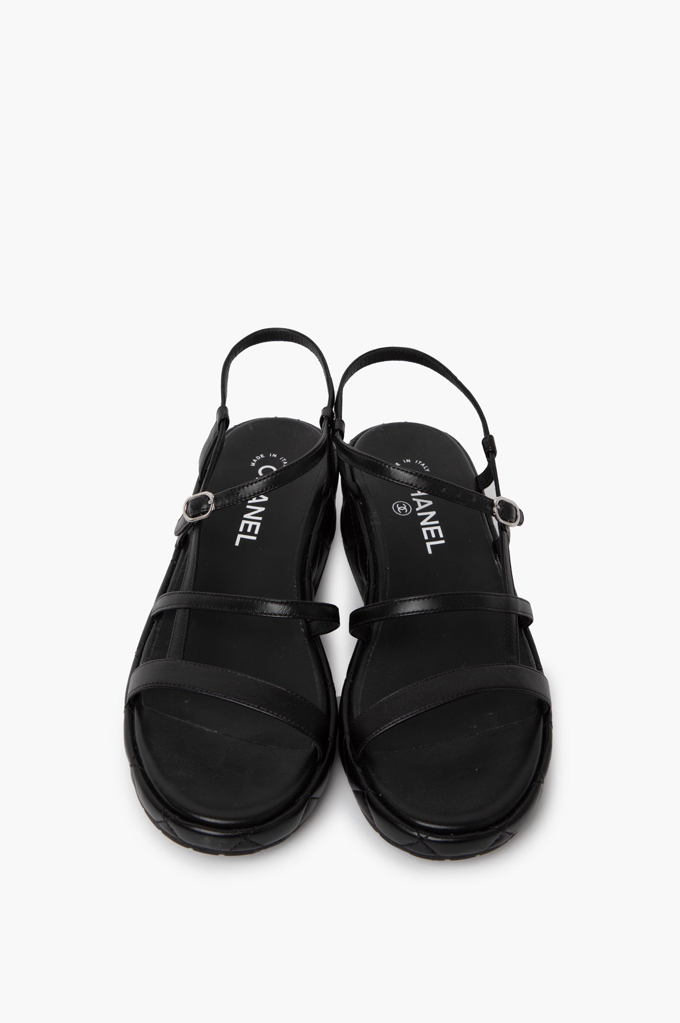 Chanel Black Leather Logo Wedge Sandals Size 39