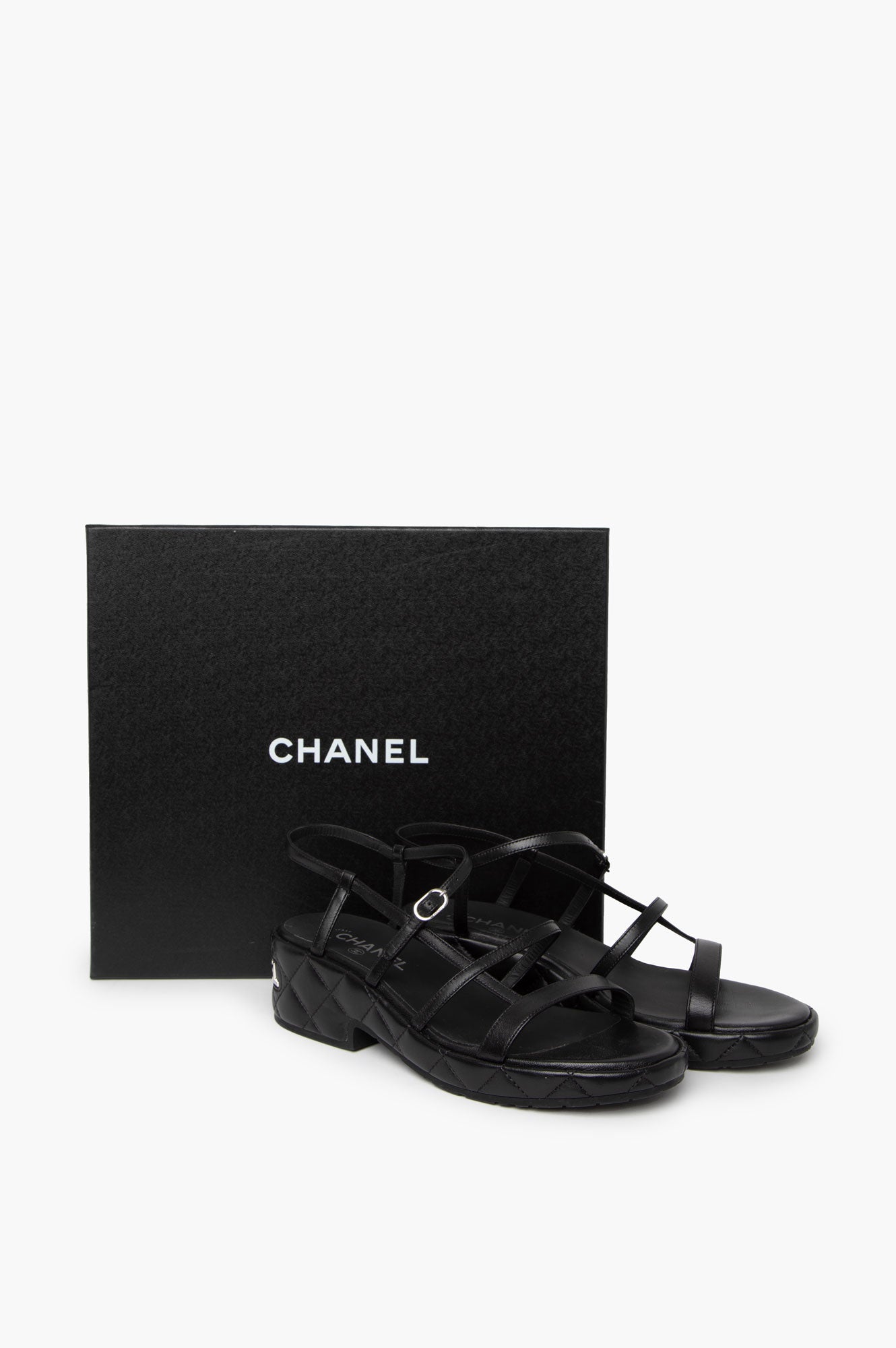 Chanel Black Leather Logo Wedge Sandals Size 39