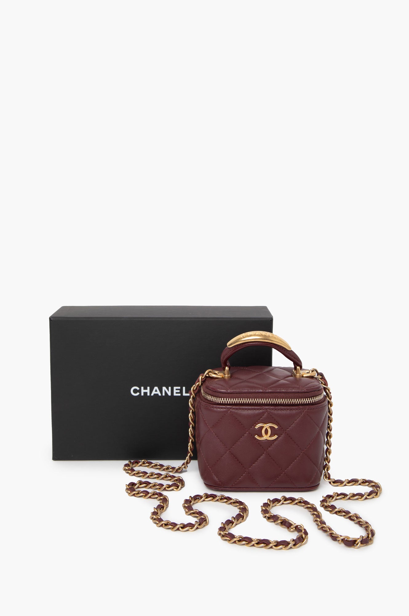 Chanel 2022 Burgundy Top Handle Lambskin Square Vanity Bag
