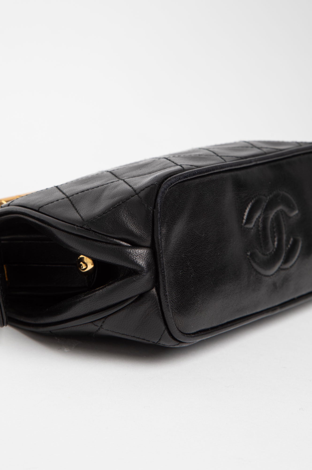 Chanel Vintage Black Lambskin Top Handle 24k Gold Frame Bag