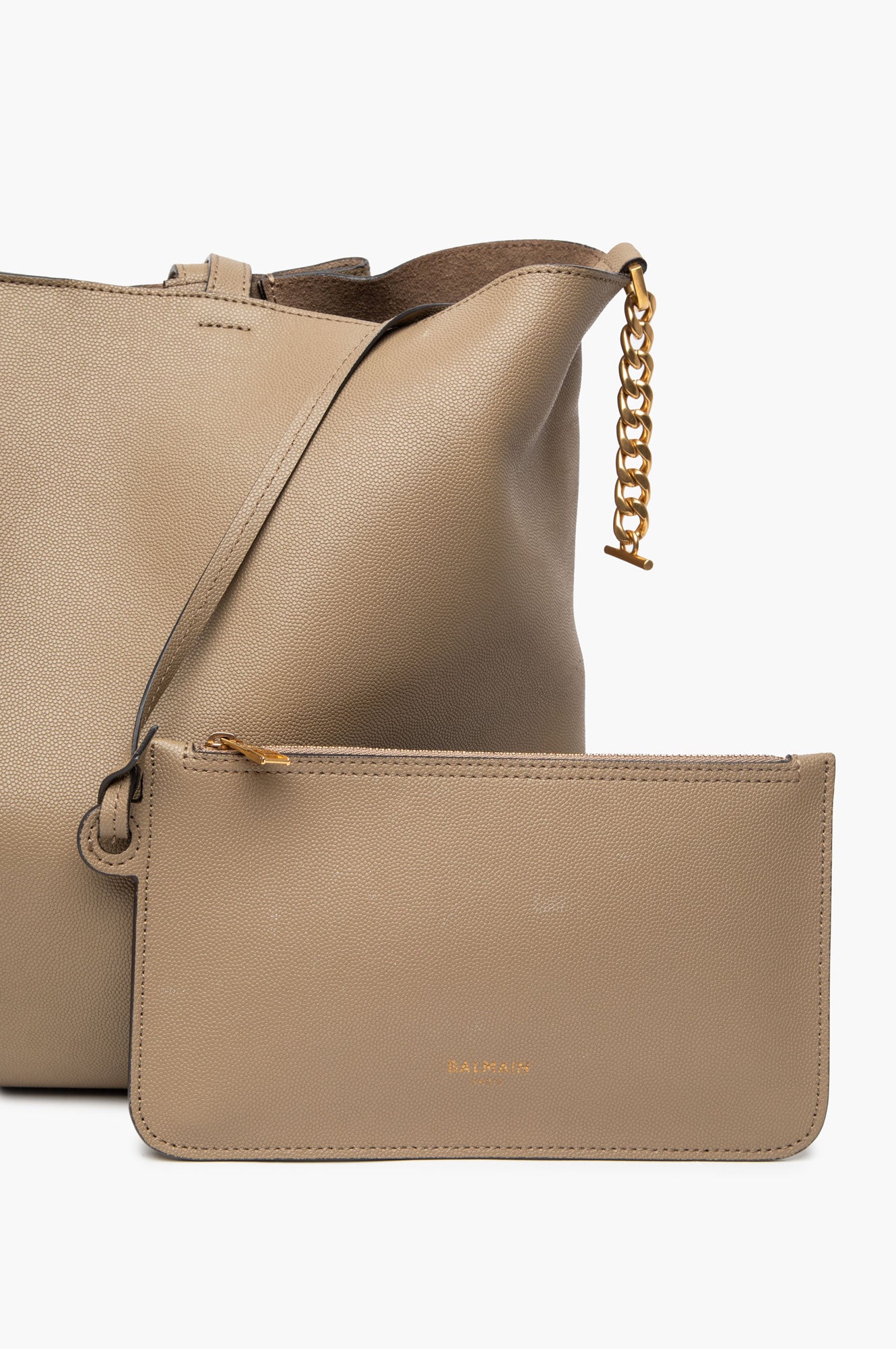 Balmain Embleme Taupe Grained Leather Tote