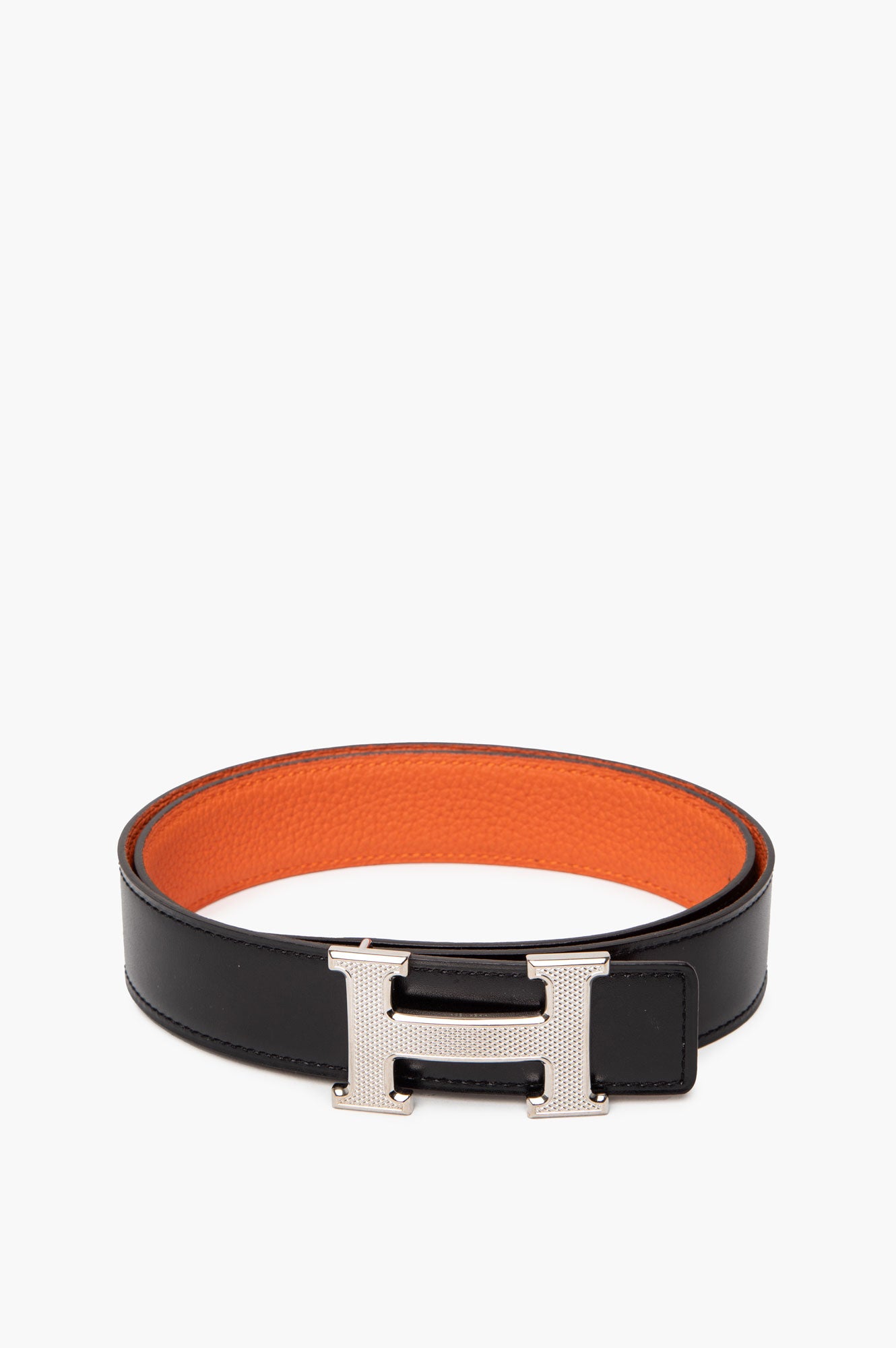 Hermes Reversible H Silver Buckle Belt Black/orange Size 80
