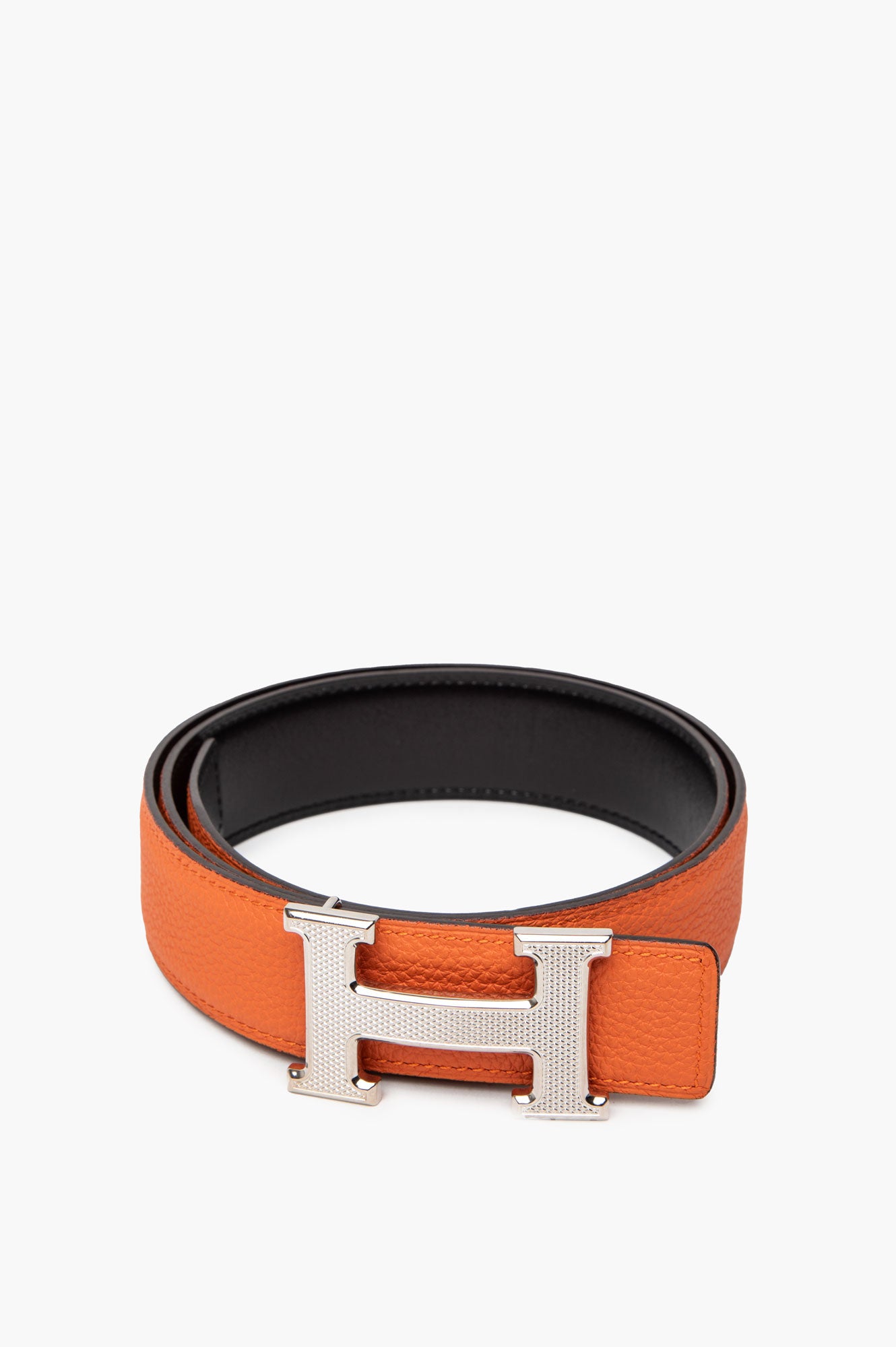 Hermes Reversible H Silver Buckle Belt Black/orange Size 80