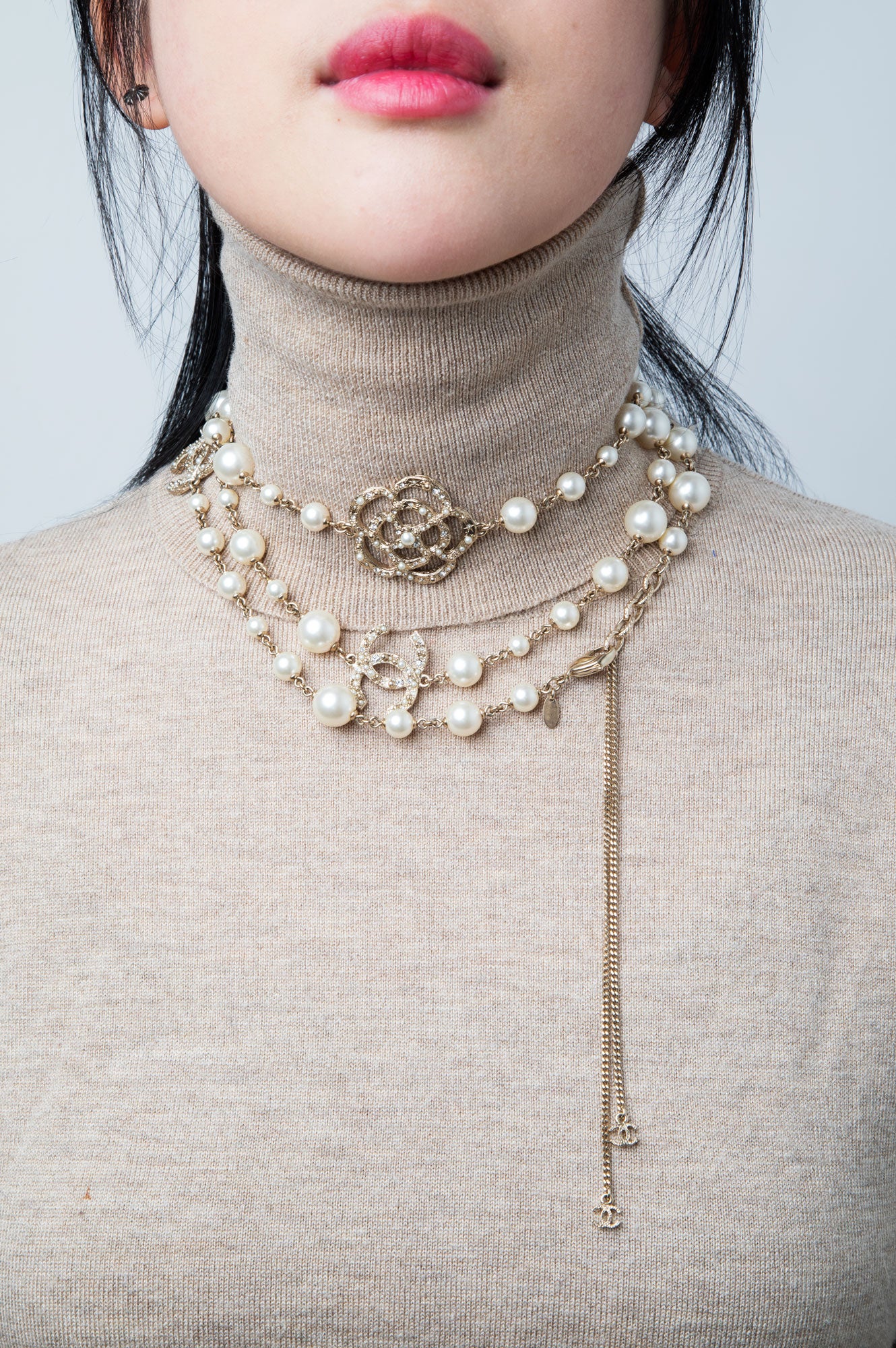Chanel 14V Pearl and Camelia CC Long Single Strand Necklace