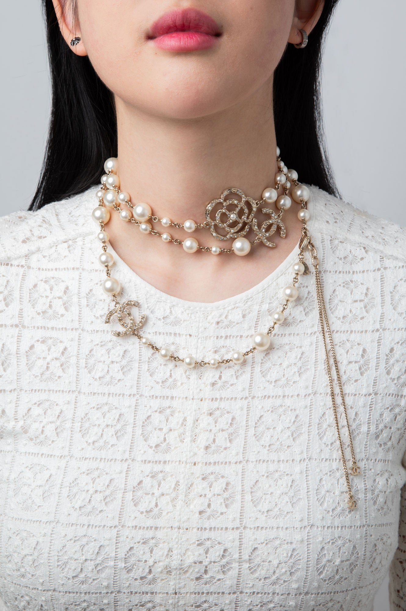 Chanel 14V Pearl and Camelia CC Long Single Strand Necklace