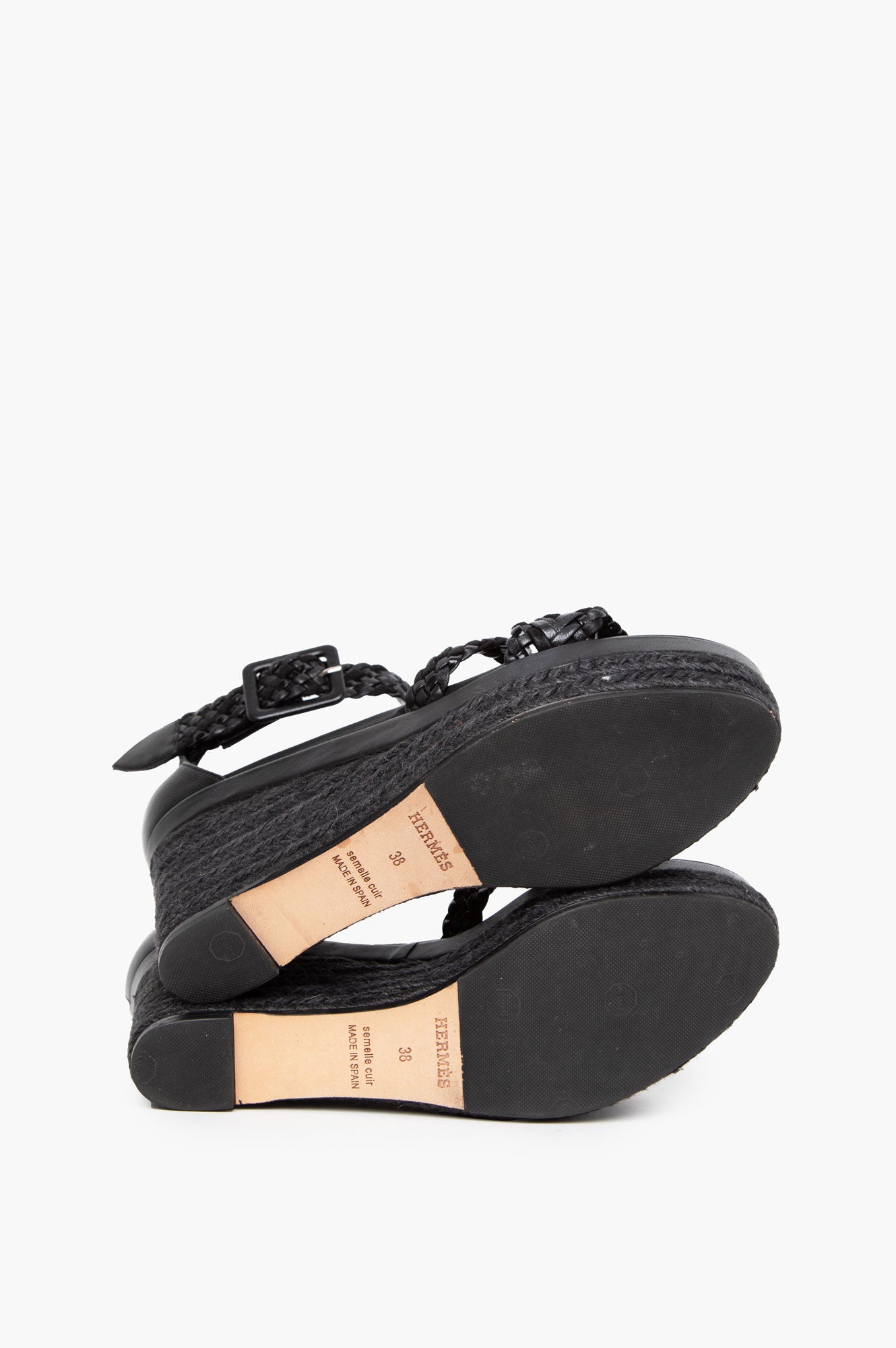 Hermes Black Leather Wedge Sandals Size 38