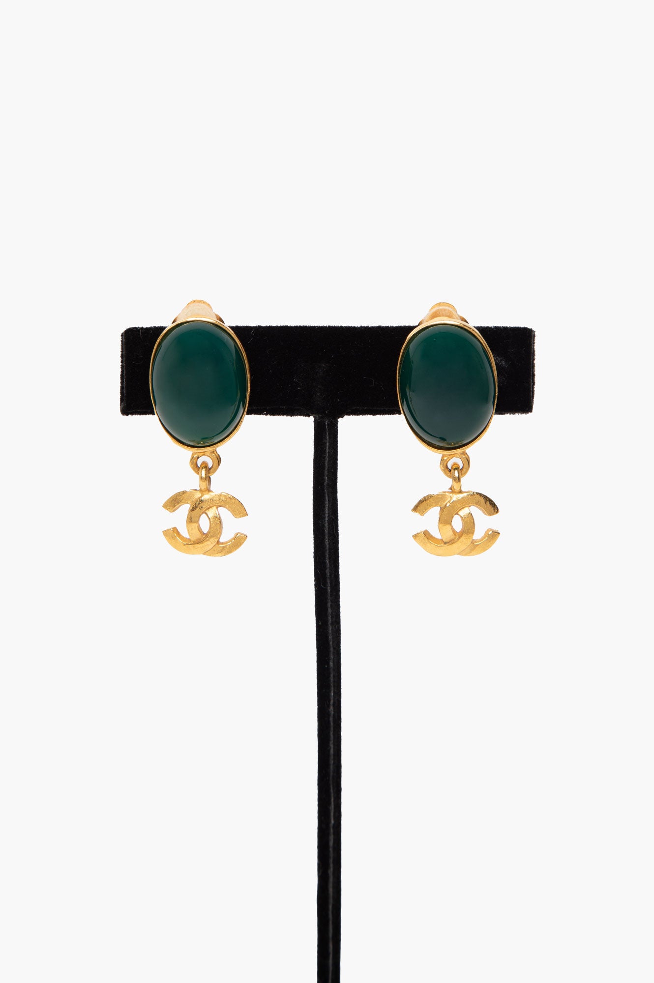 Chanel Green Jade Gold Plated Clip Earrings