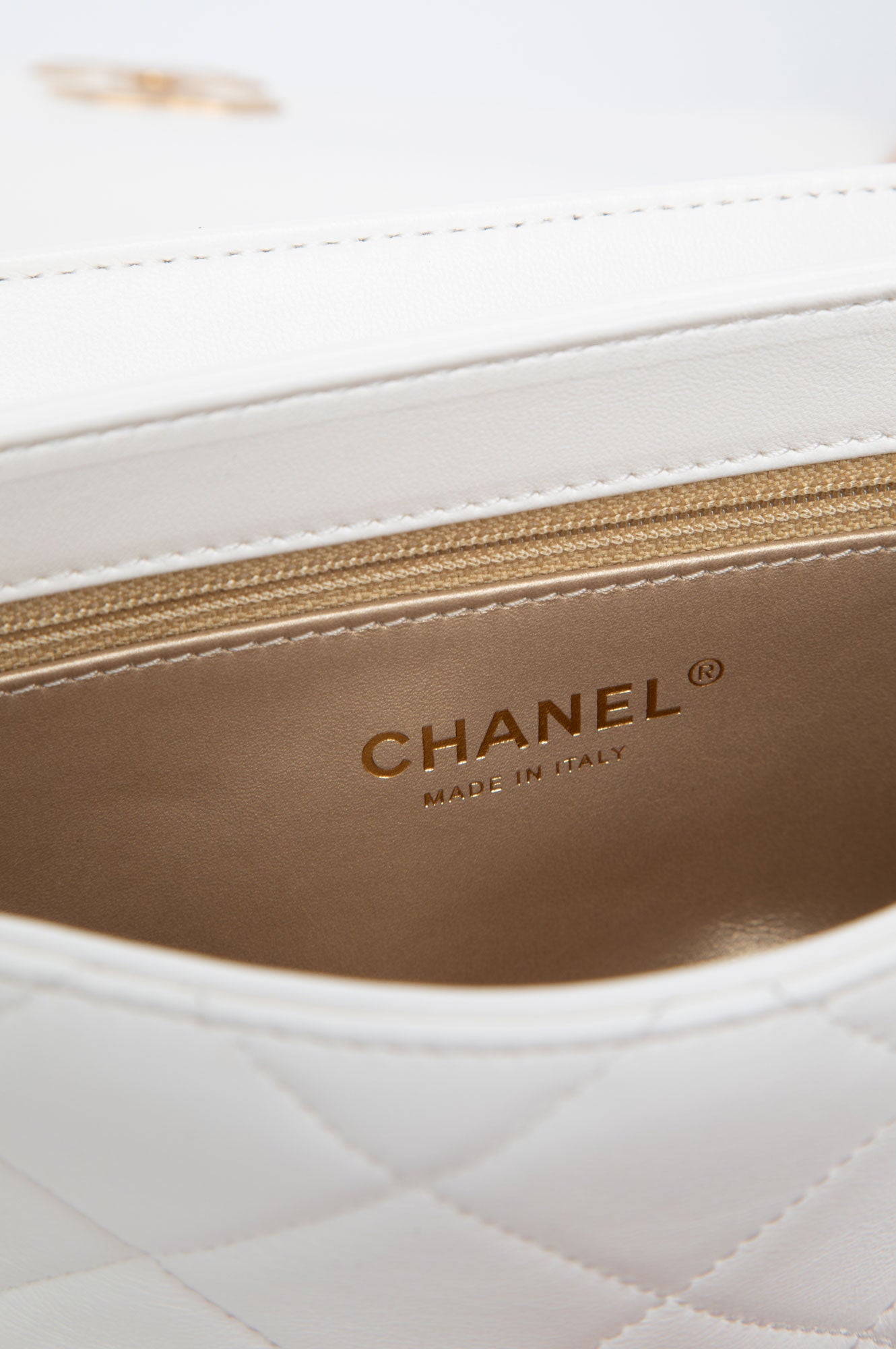 Chanel White Crystal Logo Gold Chain Flap Bag