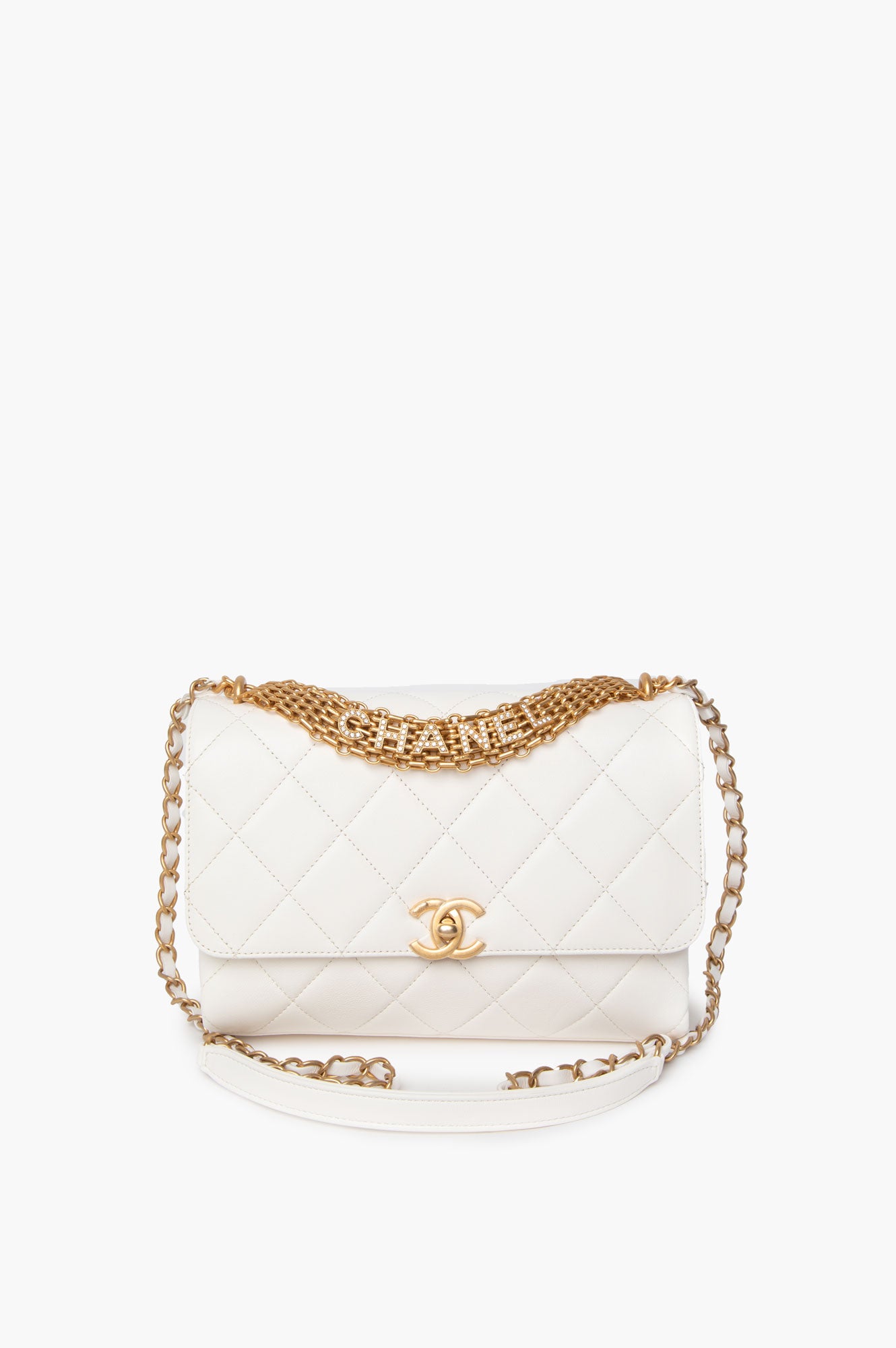 Chanel White Crystal Logo Gold Chain Flap Bag