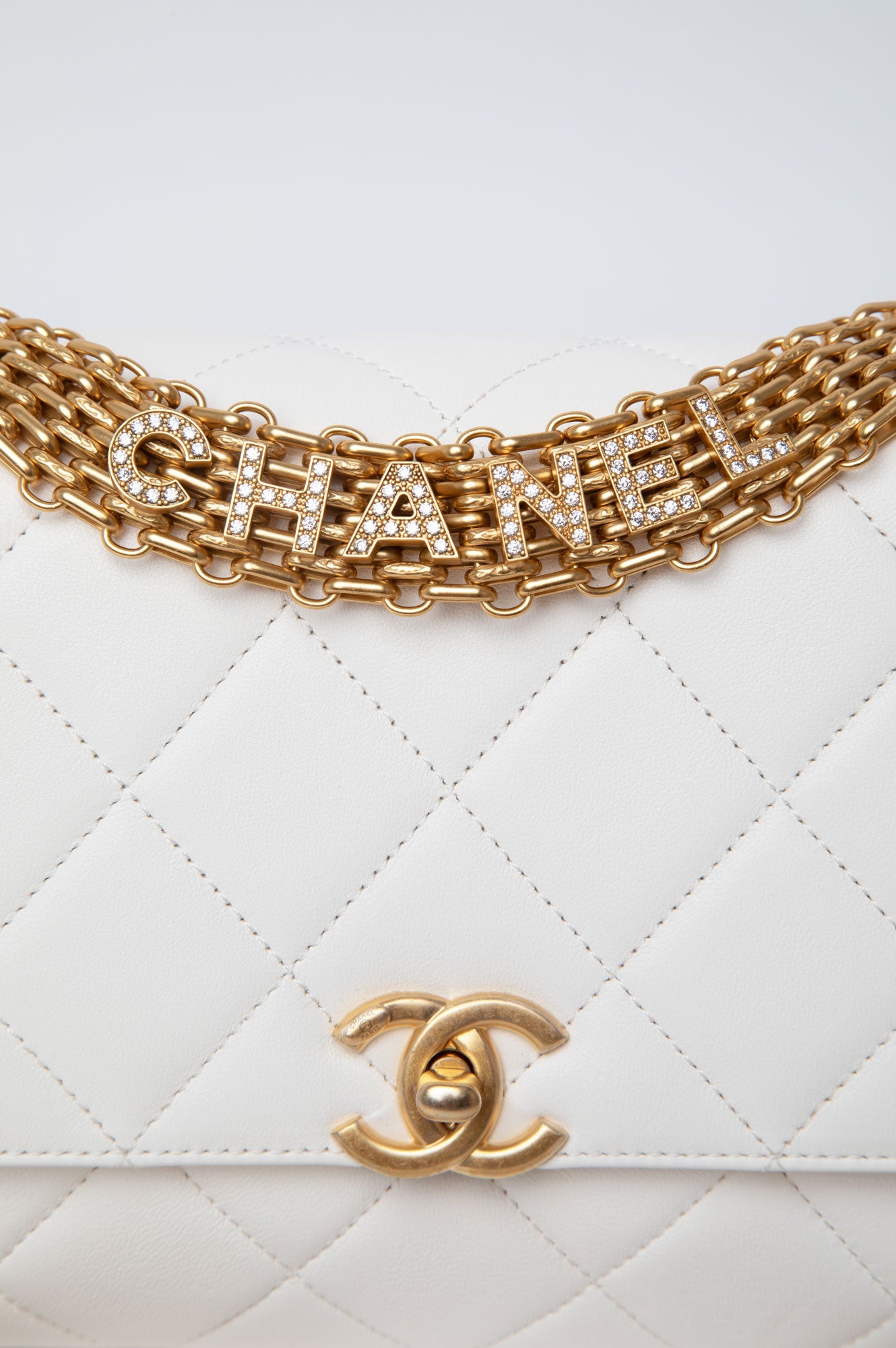 Chanel White Crystal Logo Gold Chain Flap Bag