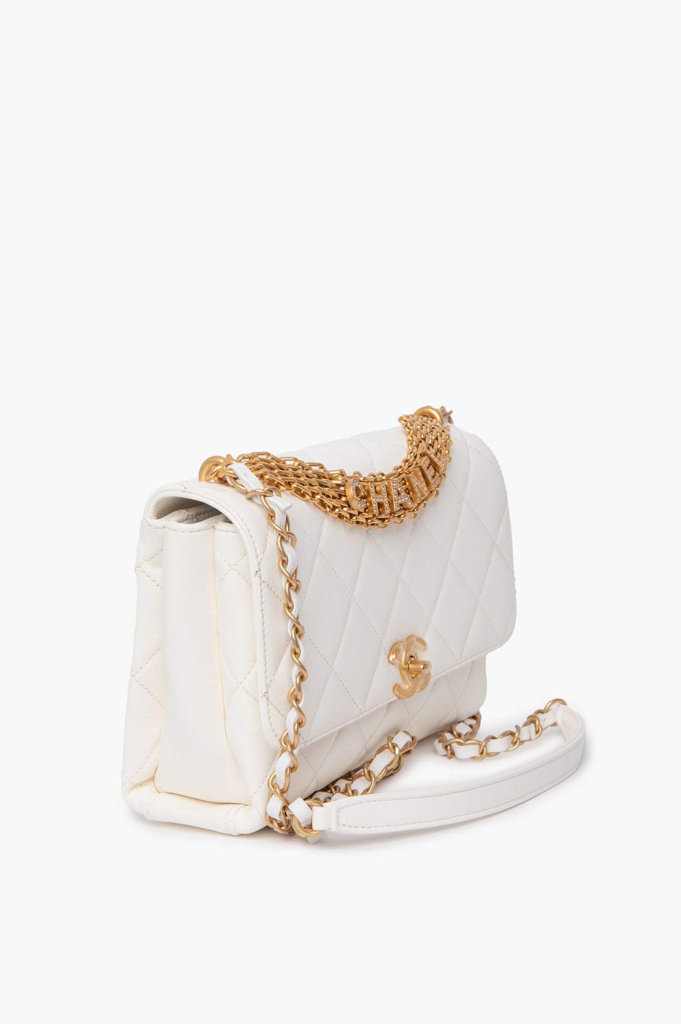 Chanel White Crystal Logo Gold Chain Flap Bag