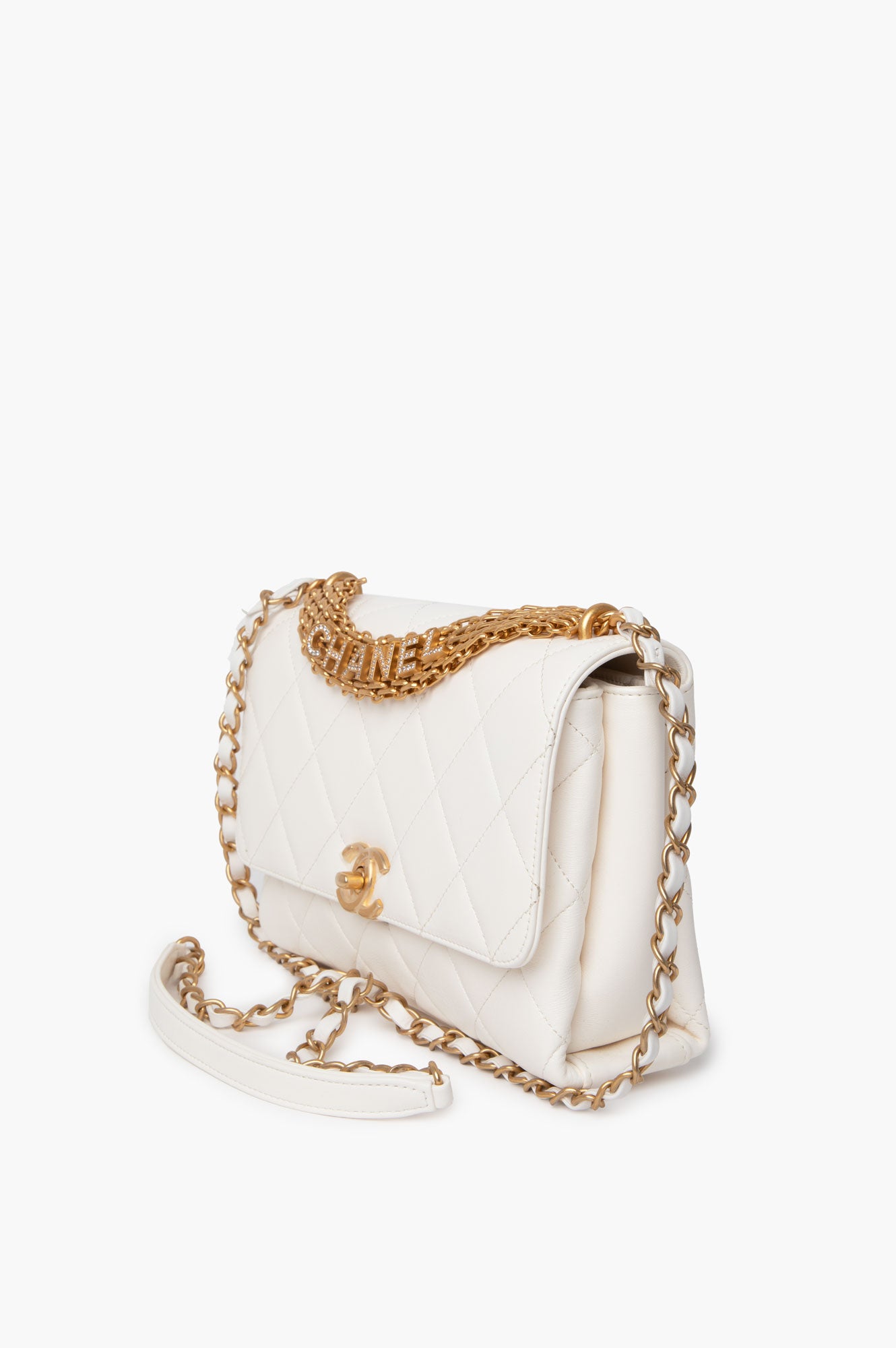 Chanel White Crystal Logo Gold Chain Flap Bag