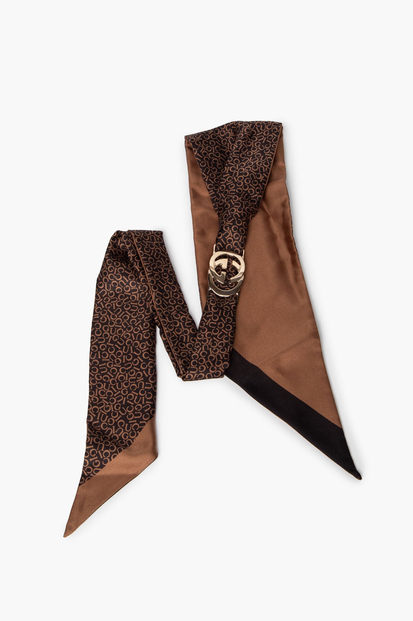 Gucci GG Brown Lettering Printed Silk Bandeau Scarf
