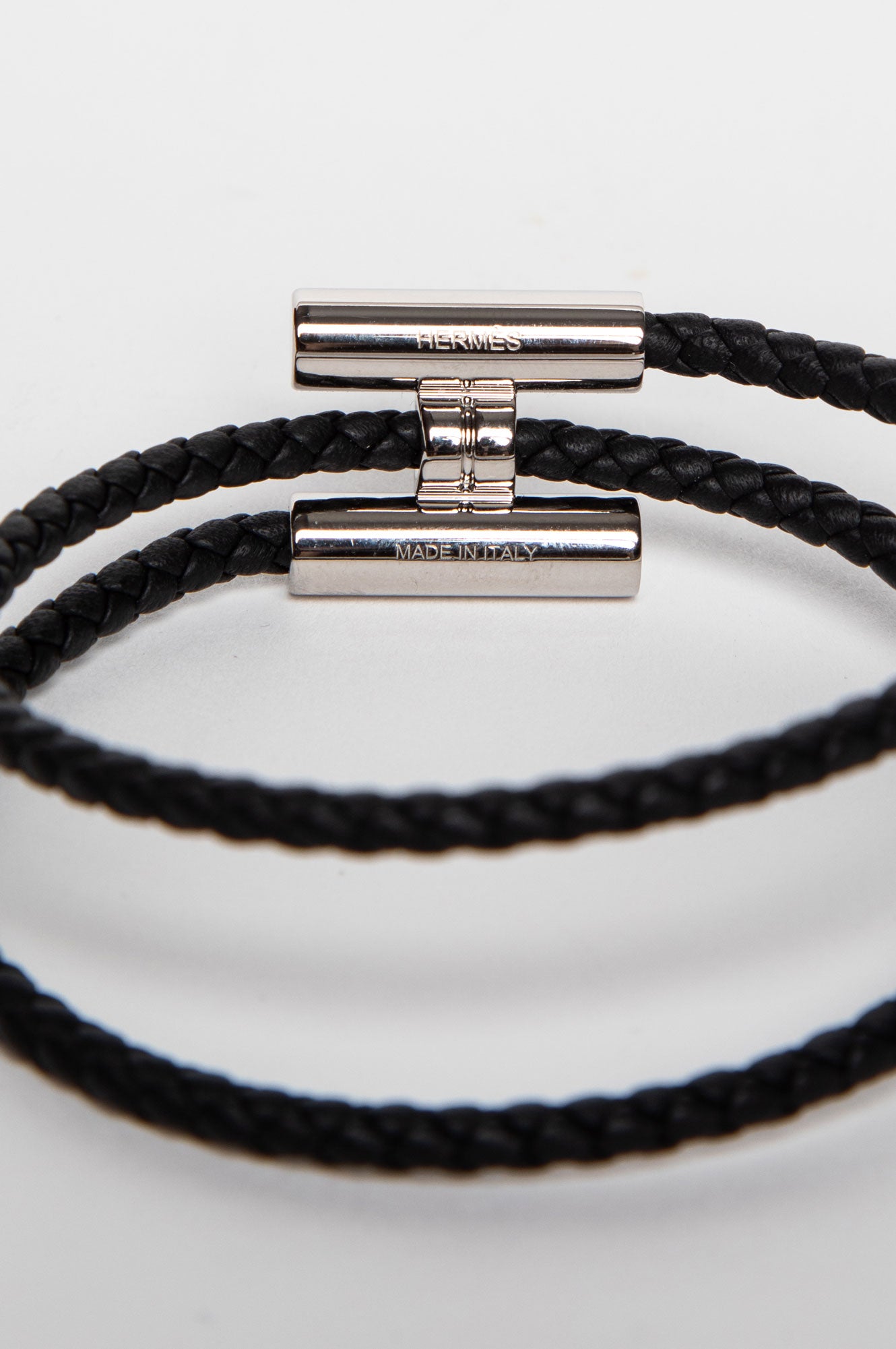 Hermès Black Swift Palladium Plated Tournis Tresse Bracelet T1