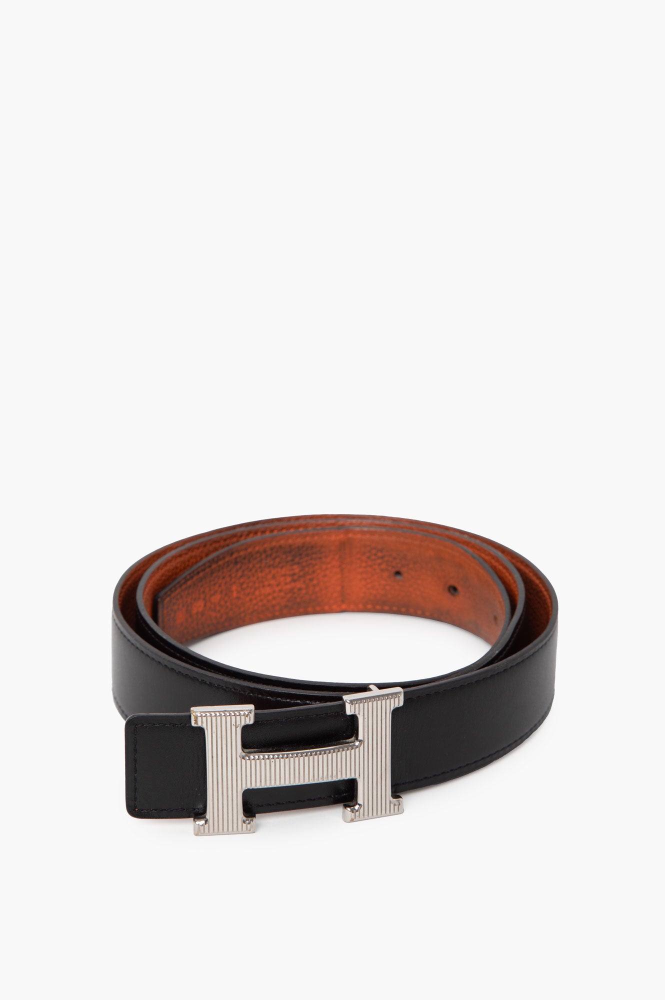Hermes Black/Orange Silver H Buckle Belt Size 95