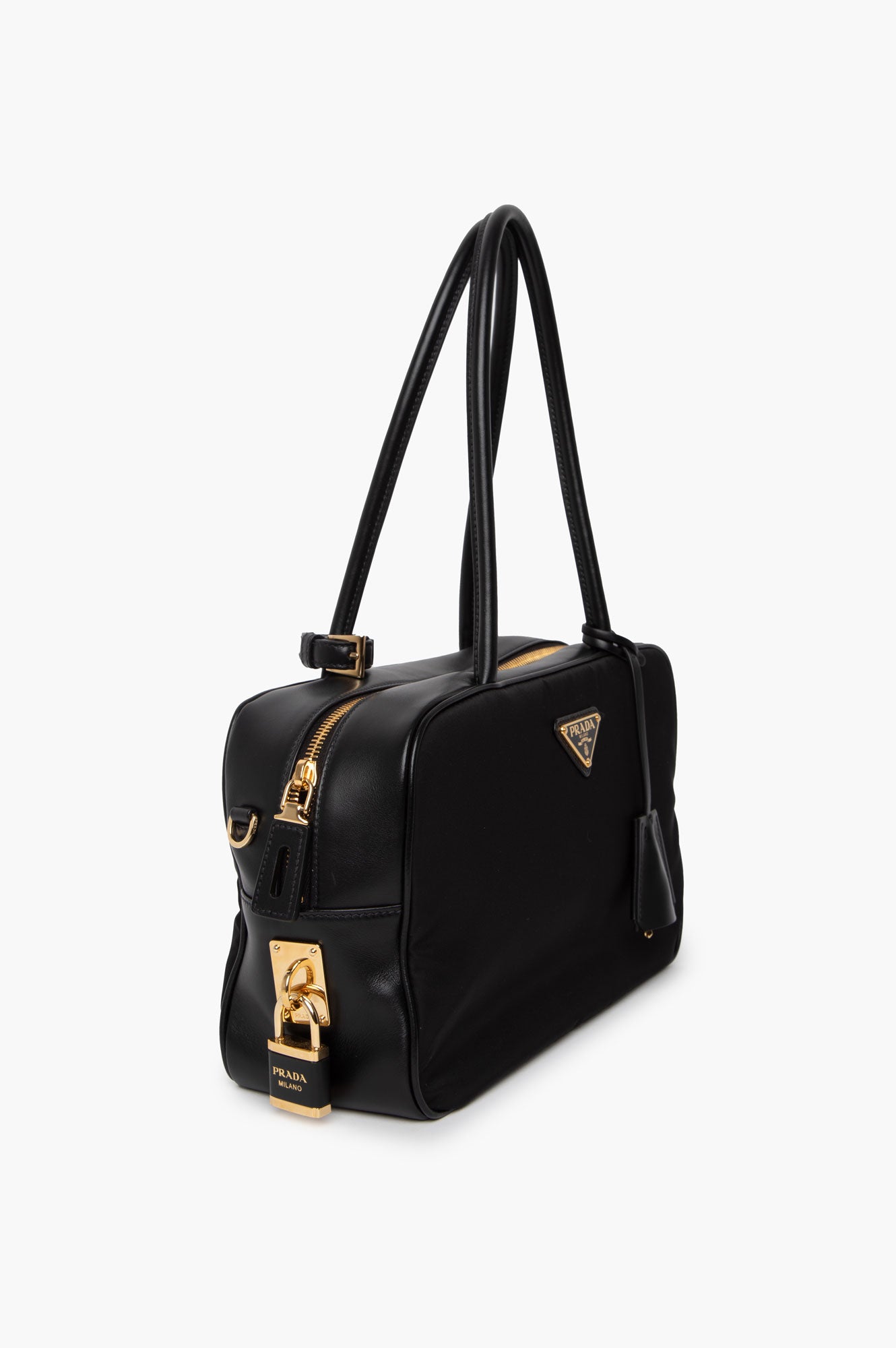 Prada Black Re-Nylon and Leather Top Handle Bag