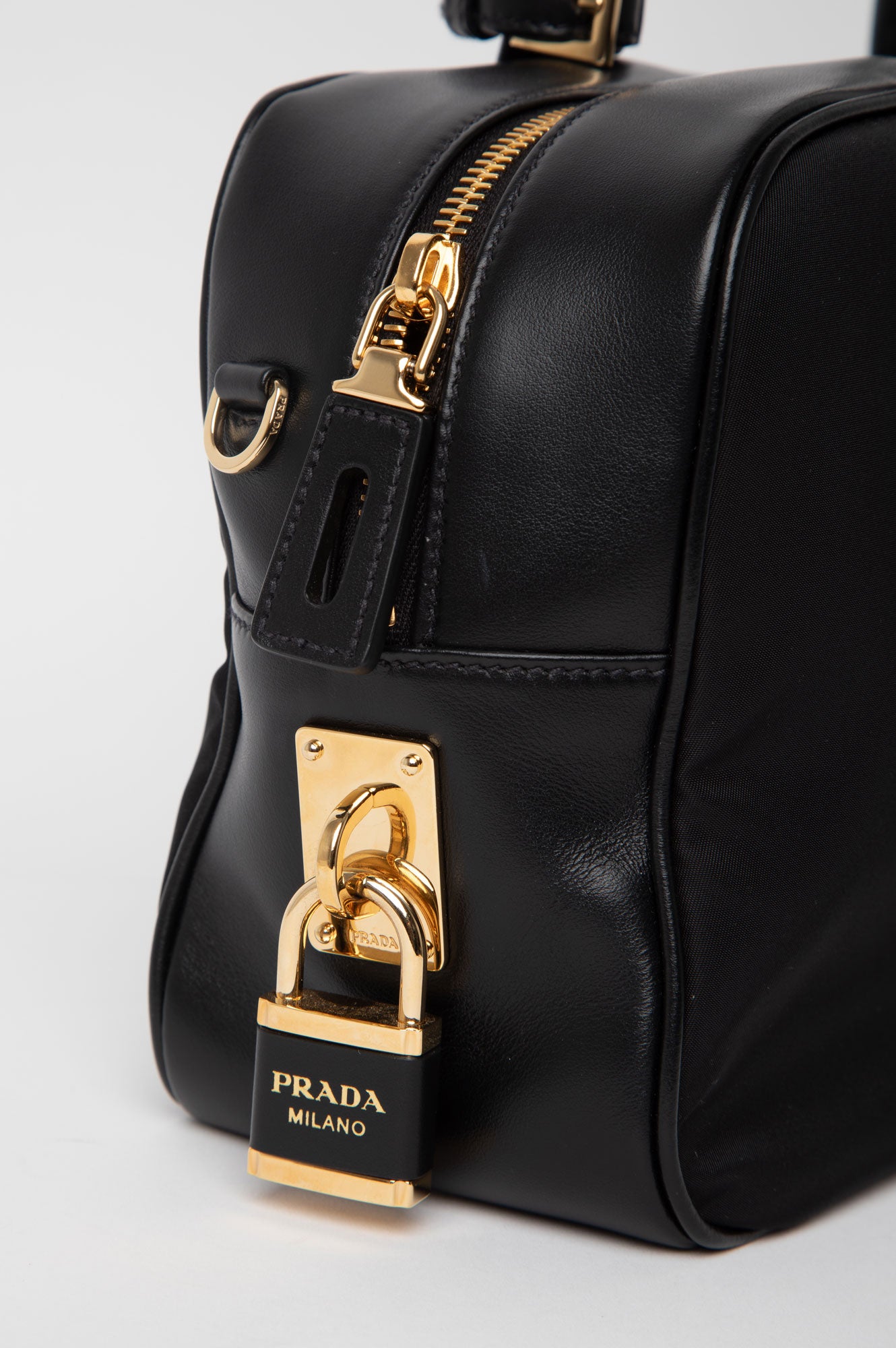 Prada Black Re-Nylon and Leather Top Handle Bag