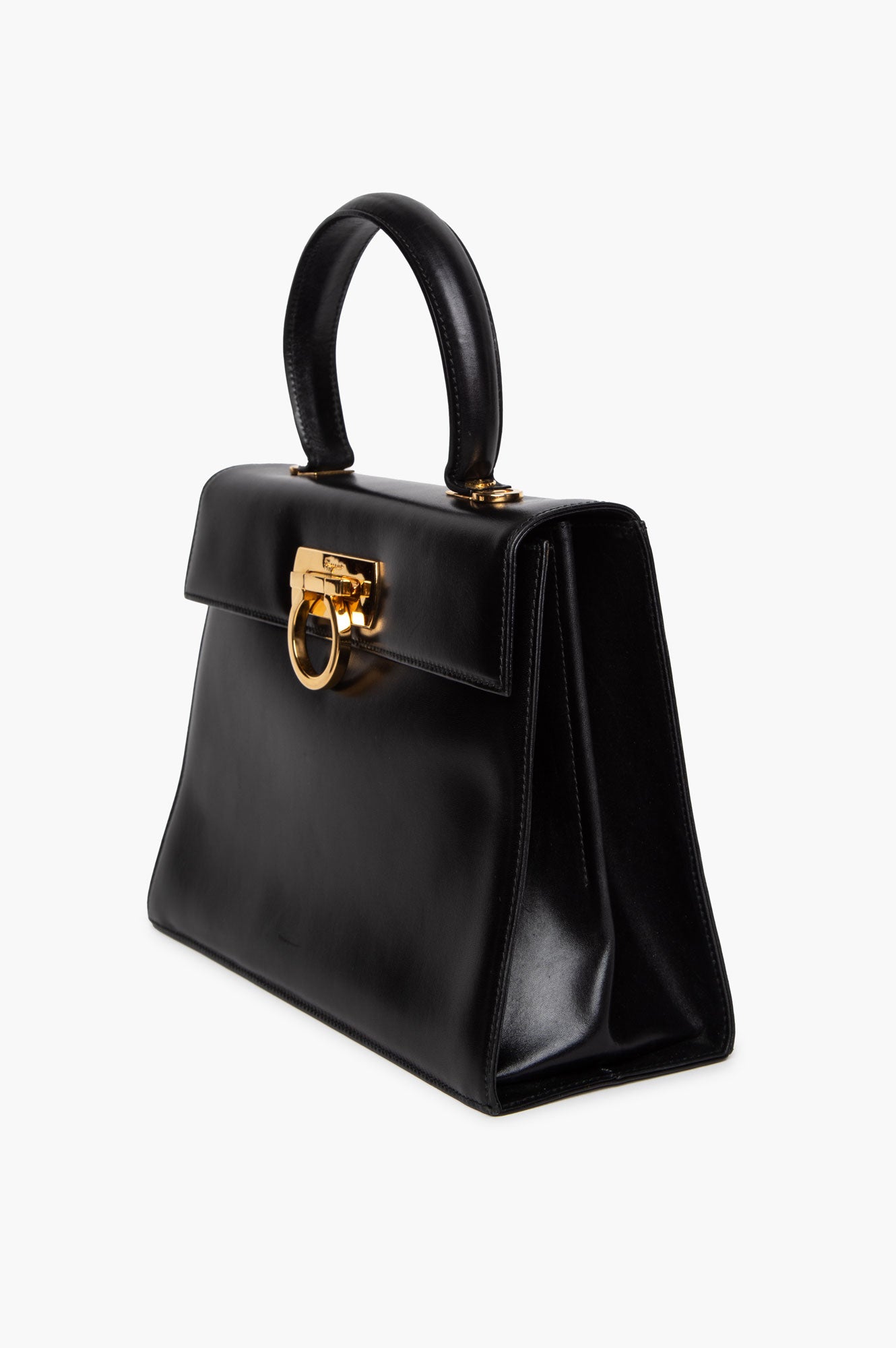 Salvatore Ferragamo Black Shiny Calfskin Gancini Iconic Top Handle Bag with Strap