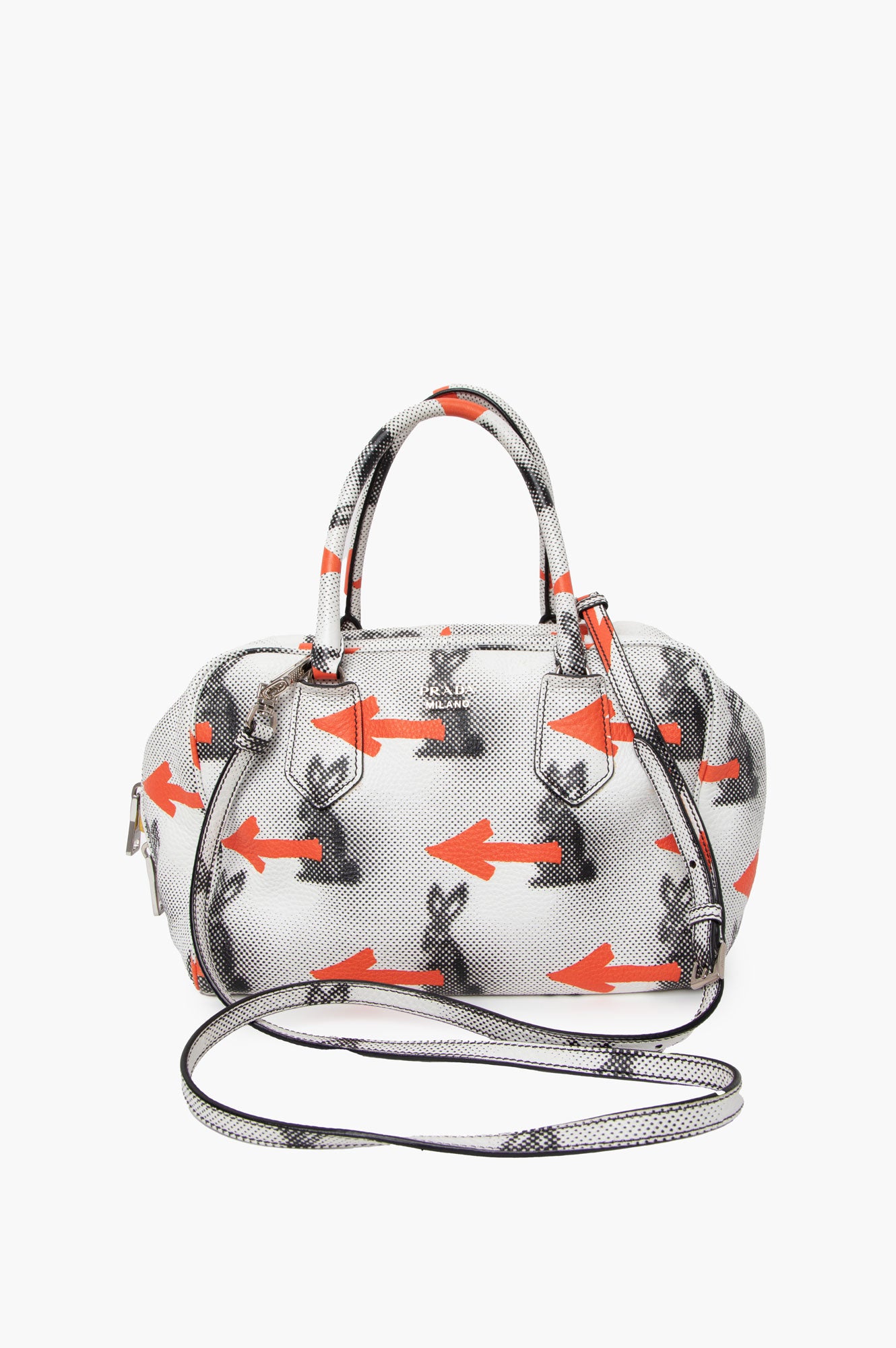 Prada White Leather Rabbit-print Top Handle Bag