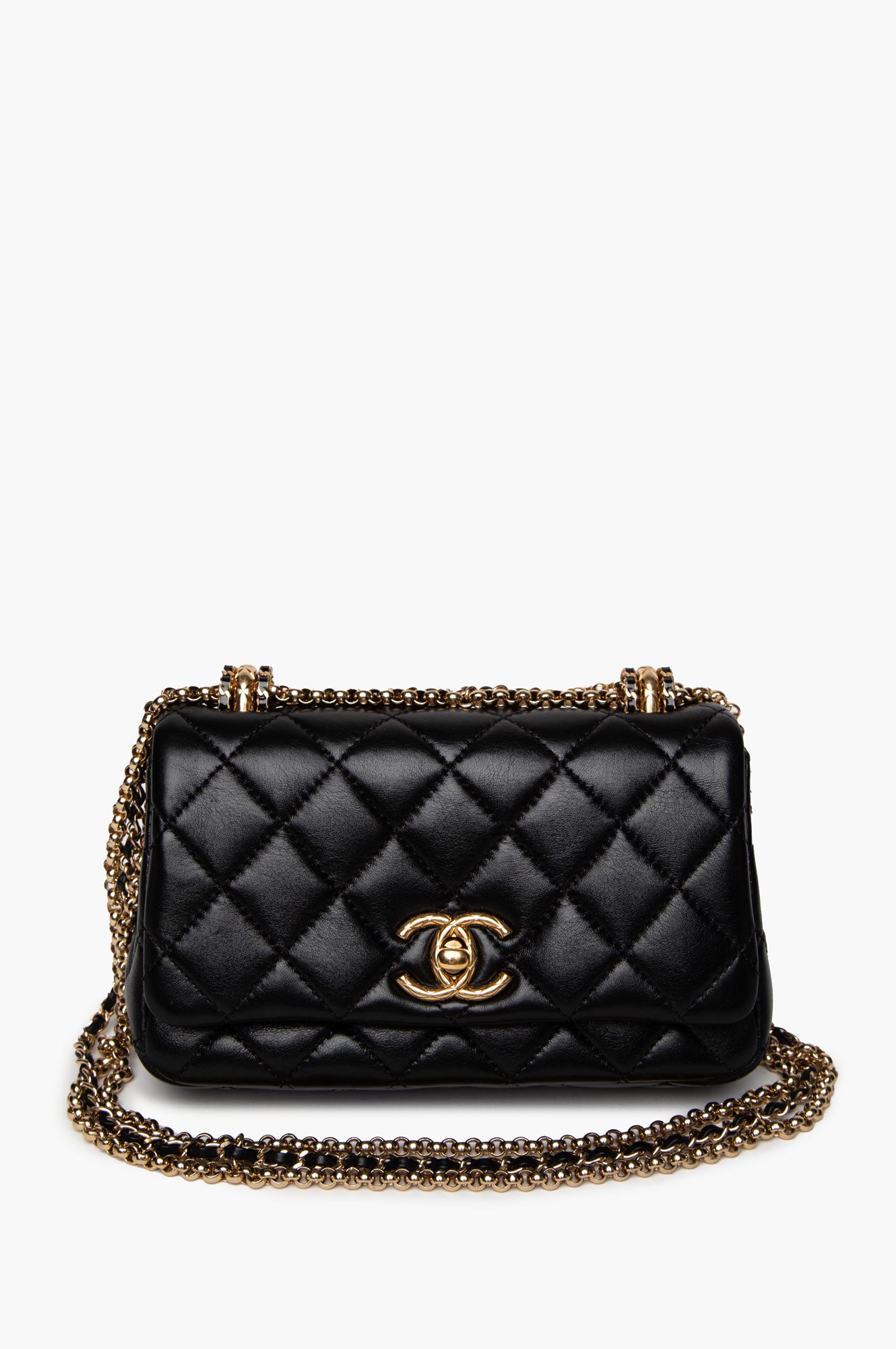 Chanel 24A Black Shiny Lambskin Gold Chain Mini Flap Bag