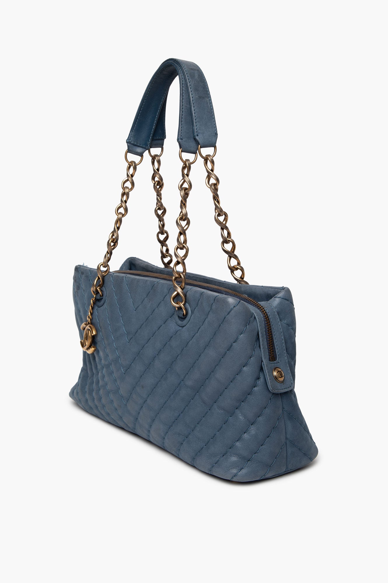 Chanel Denim Blue Iridescent Chevron Quilted Leather Surpique Tote