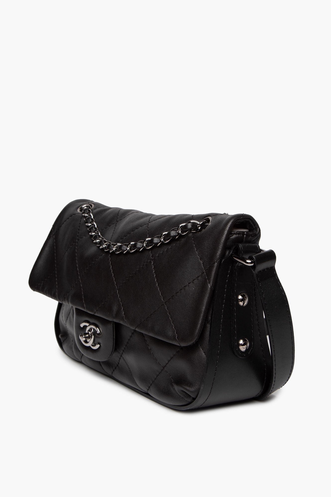 Chanel Black Lambskin CC Curved Flap Messenger Bag