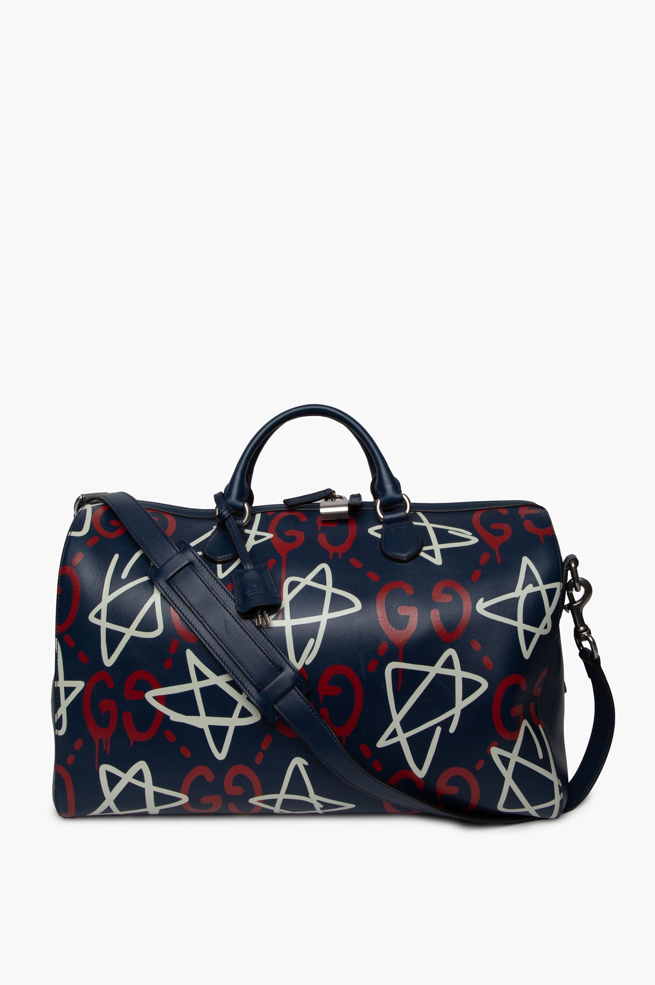 Gucci Blue Graffiti Print Leather GucciGhost Weekender Duffle Bag