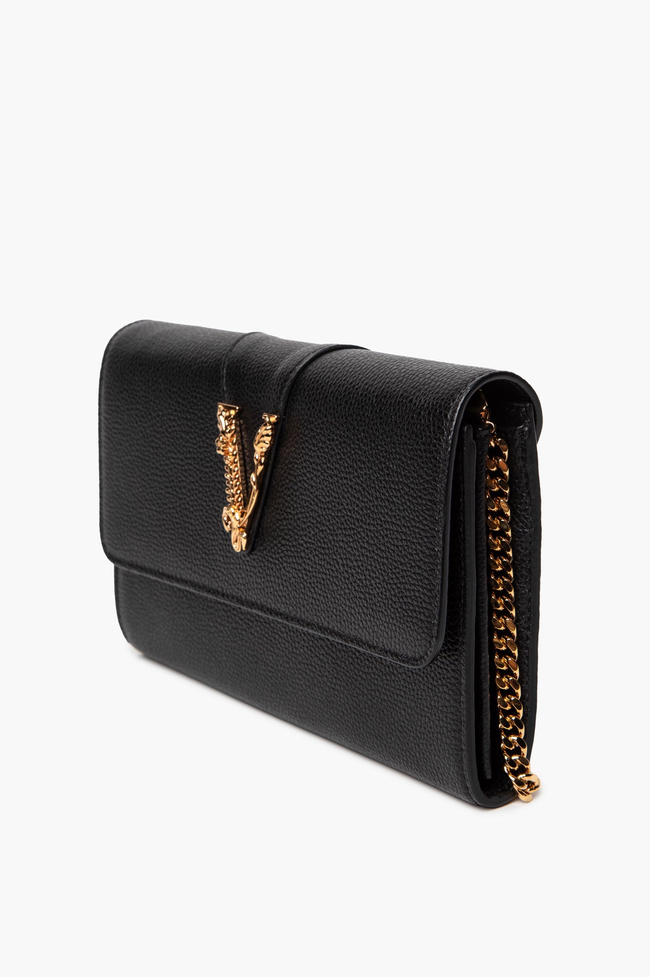 Versace Black Leather Virtus Flap Clutch Chain Bag