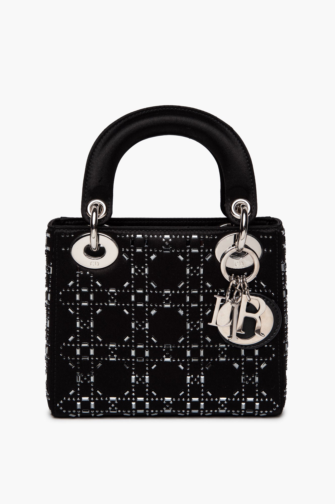 Christian Dior Black Satin Rhinestone Mini Lady Dior Bag