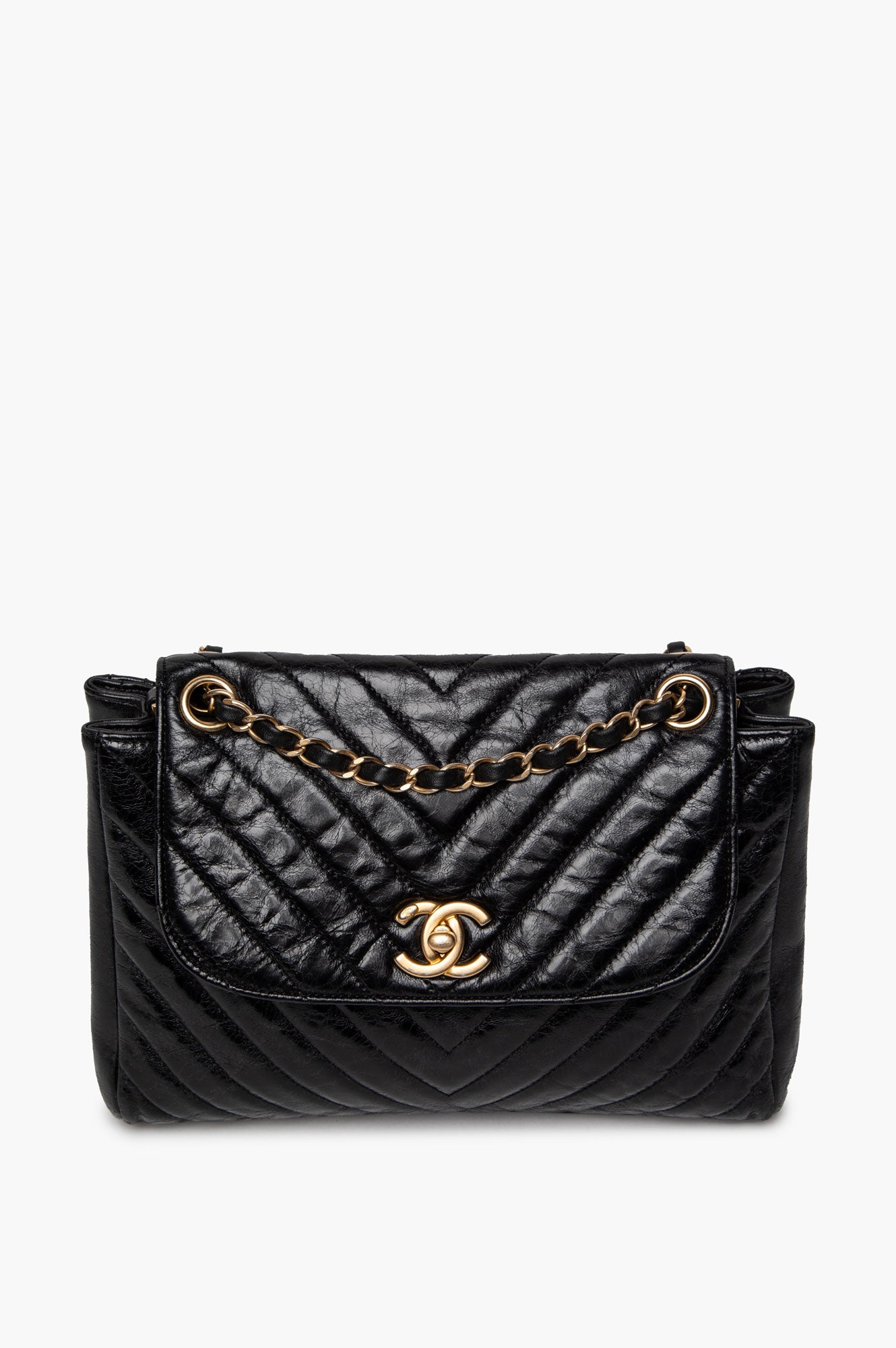 Chanel Black Chevron Quilted Aged Calfskin Hampton Flap Bag
