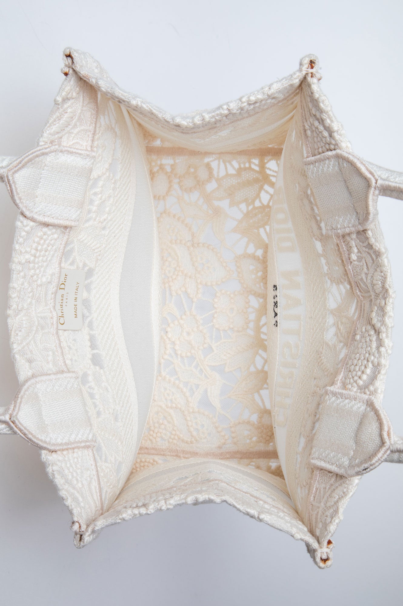 Christian Dior Transparent Embroidered Mesh Cream Lace Book Tote