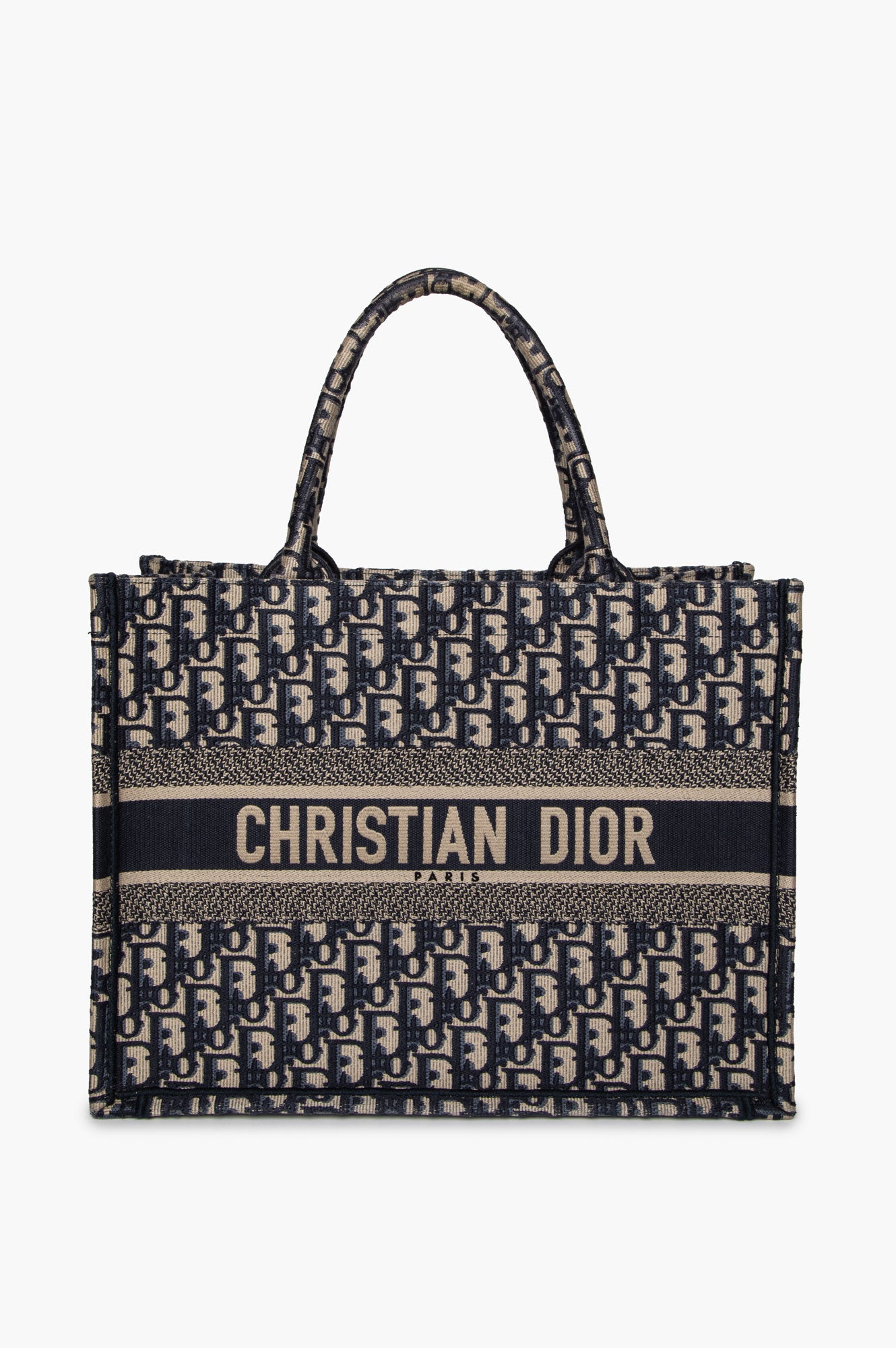 Christian Dior Ecru and Blue Dior Oblique Embroidery Medium Book Tote