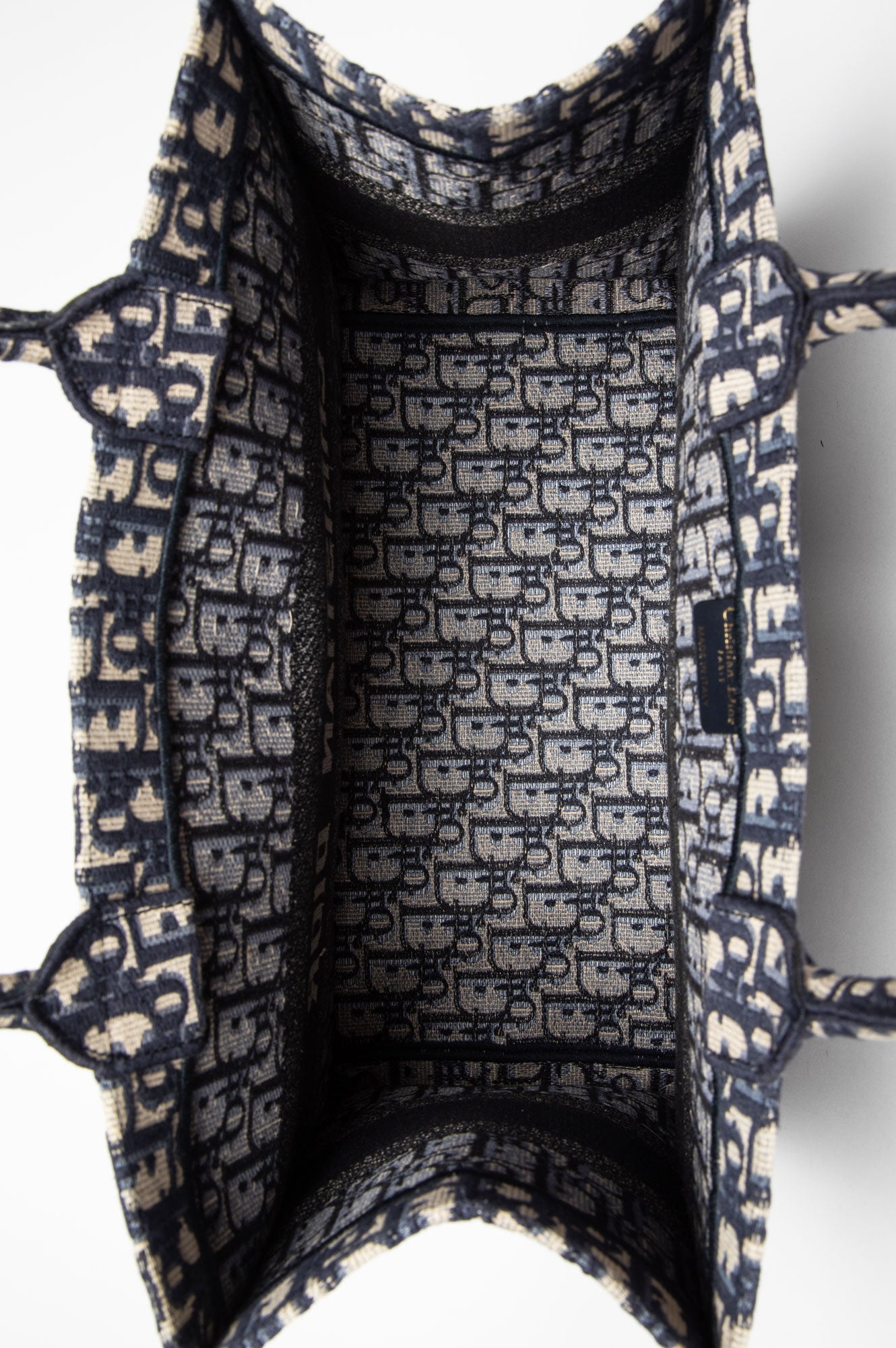 Christian Dior Ecru and Blue Dior Oblique Embroidery Medium Book Tote