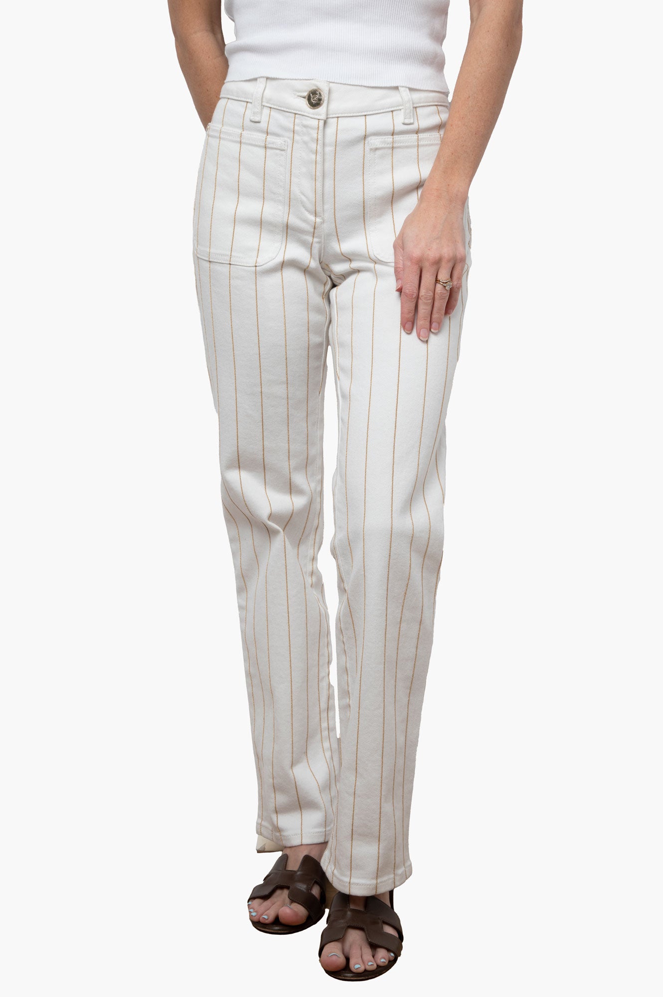 Chanel White/Gold Metallic Stripe Denim Jeans Size 36