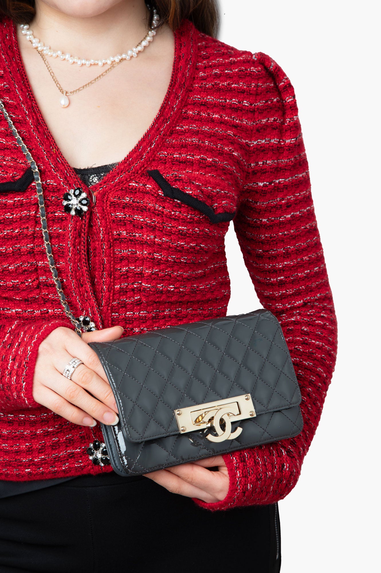 Chanel Grey Patent Leather Golden Logo WOC