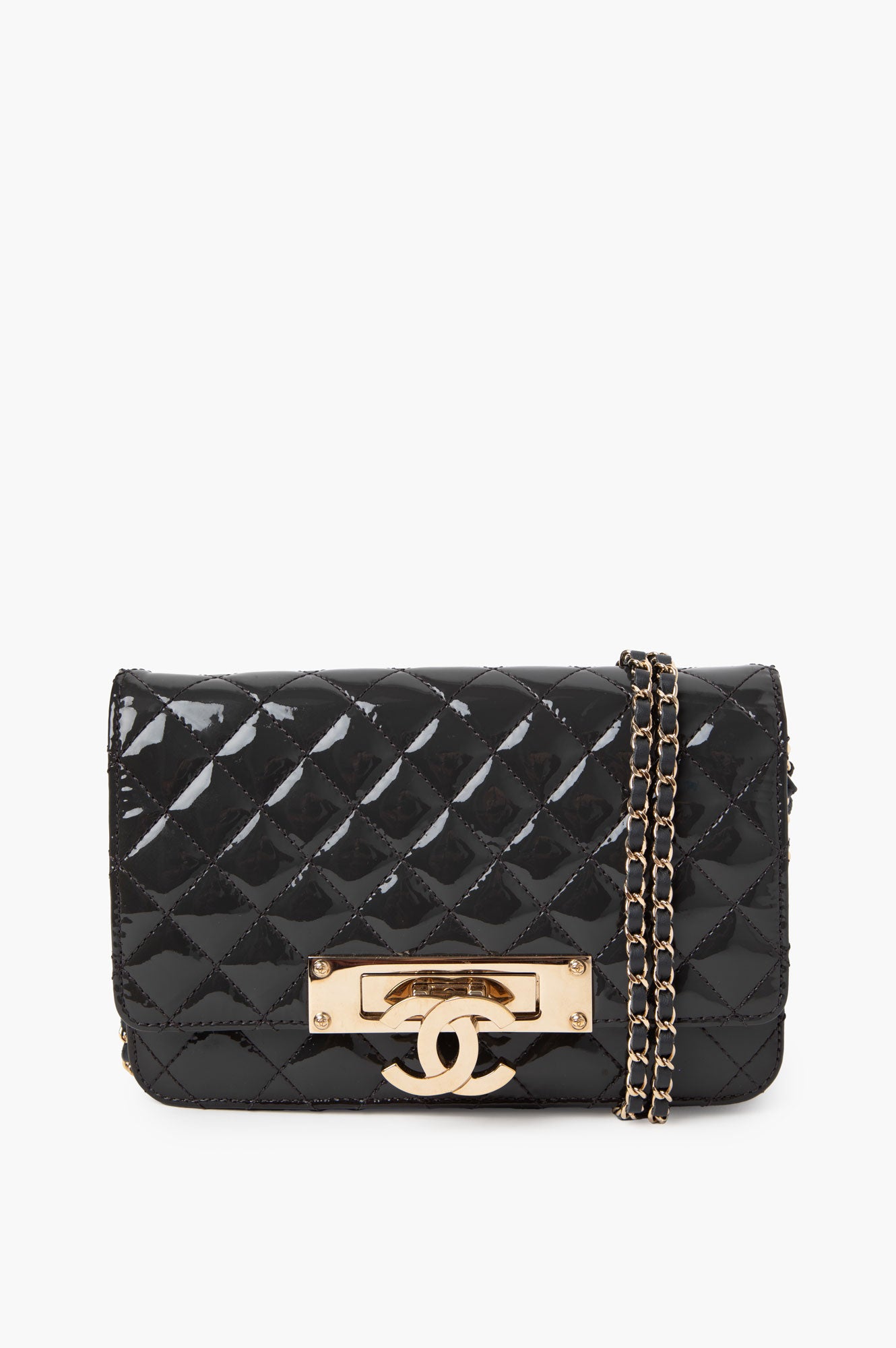 Chanel Grey Patent Leather Golden Logo WOC