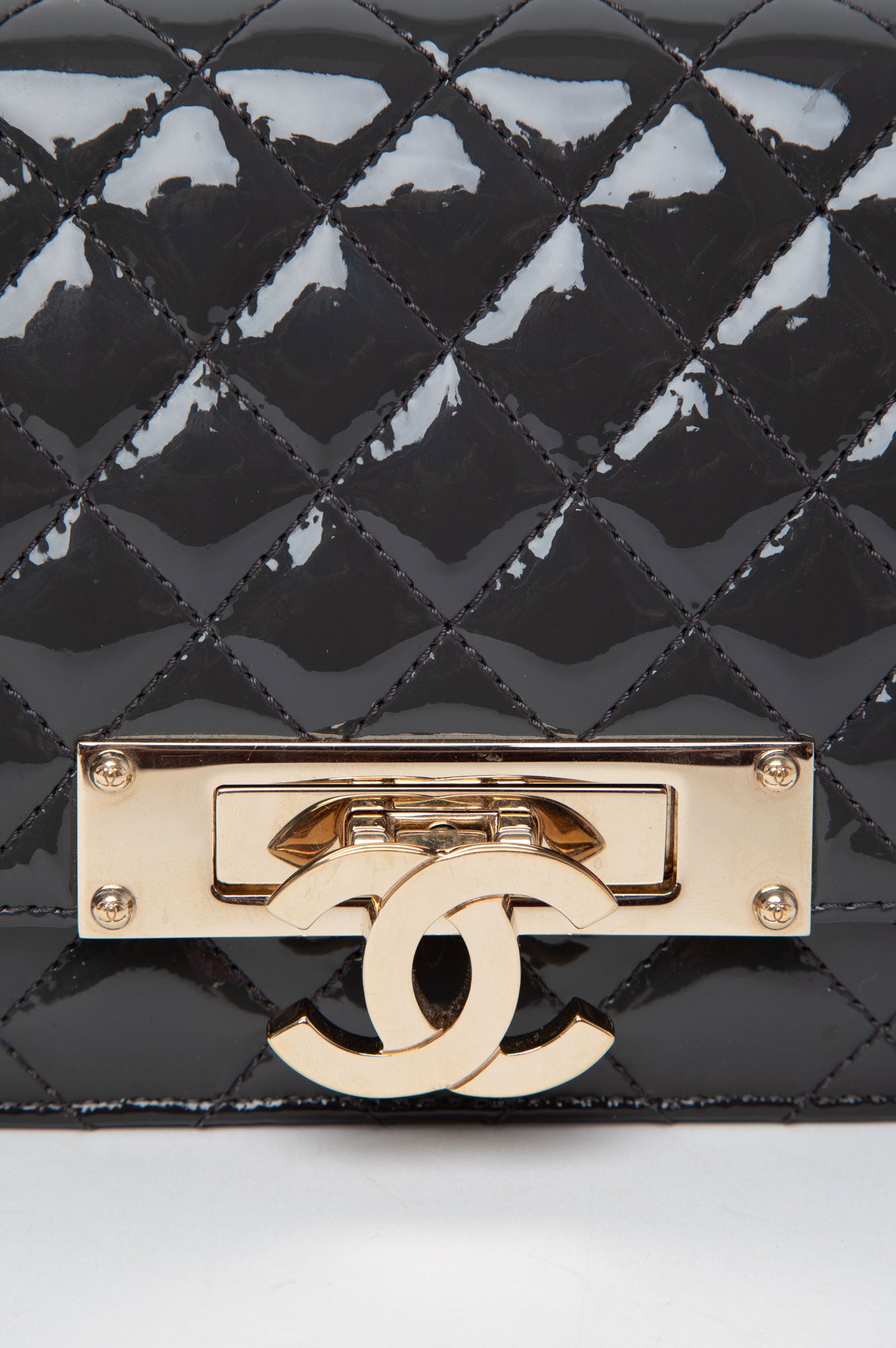 Chanel Grey Patent Leather Golden Logo WOC