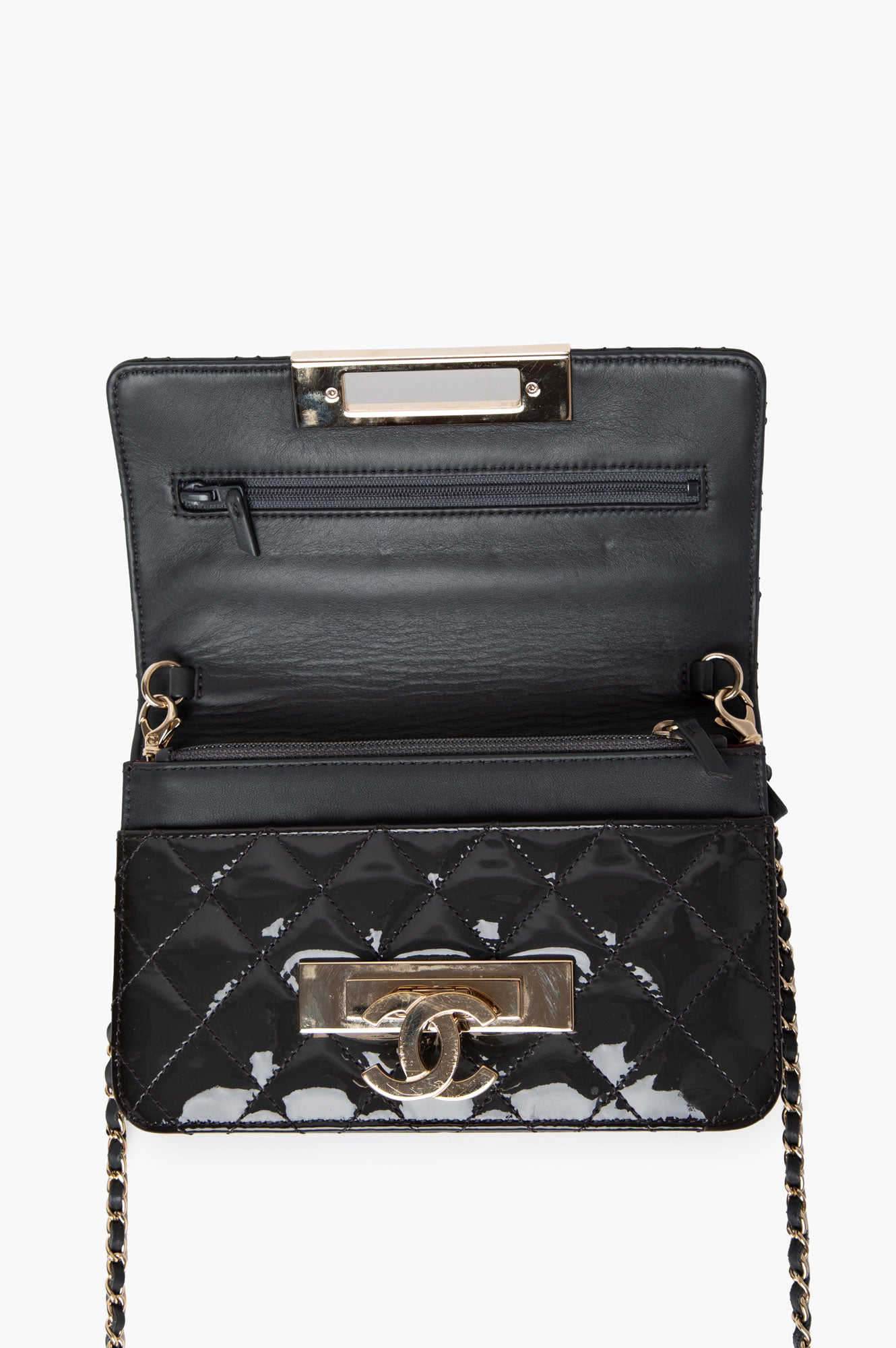 Chanel Grey Patent Leather Golden Logo WOC