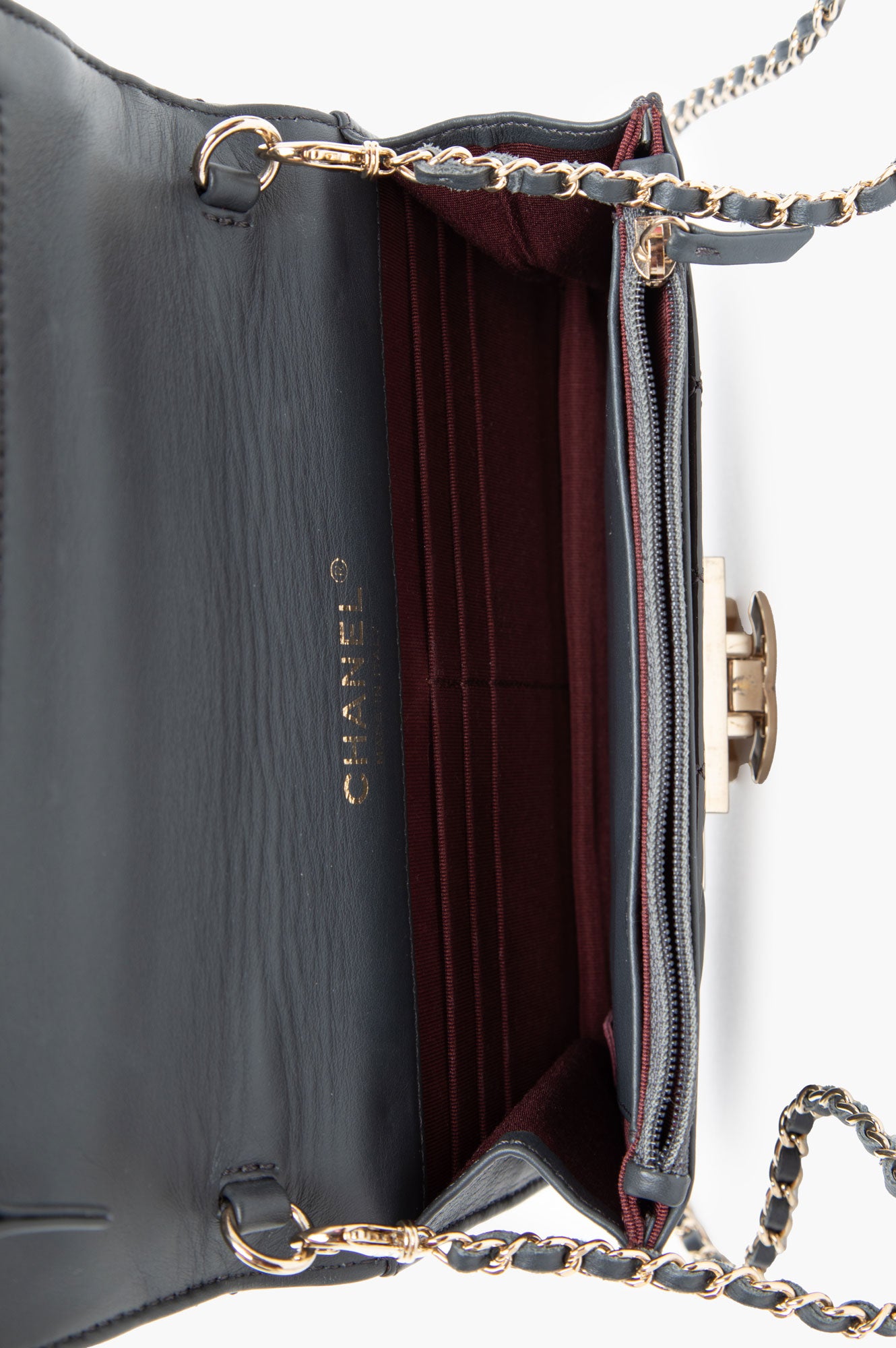 Chanel Grey Patent Leather Golden Logo WOC