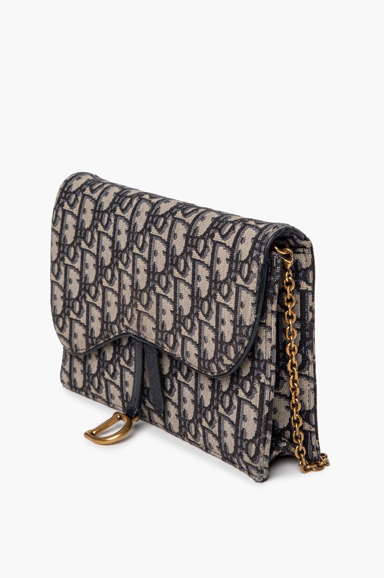 Christian Dior Blue Oblique Jacquard Medium Saddle Pouch with Chain